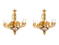 A Pair of Sèvres Style Porcelain and Gilt Bronze Nine-Light Chandeliers