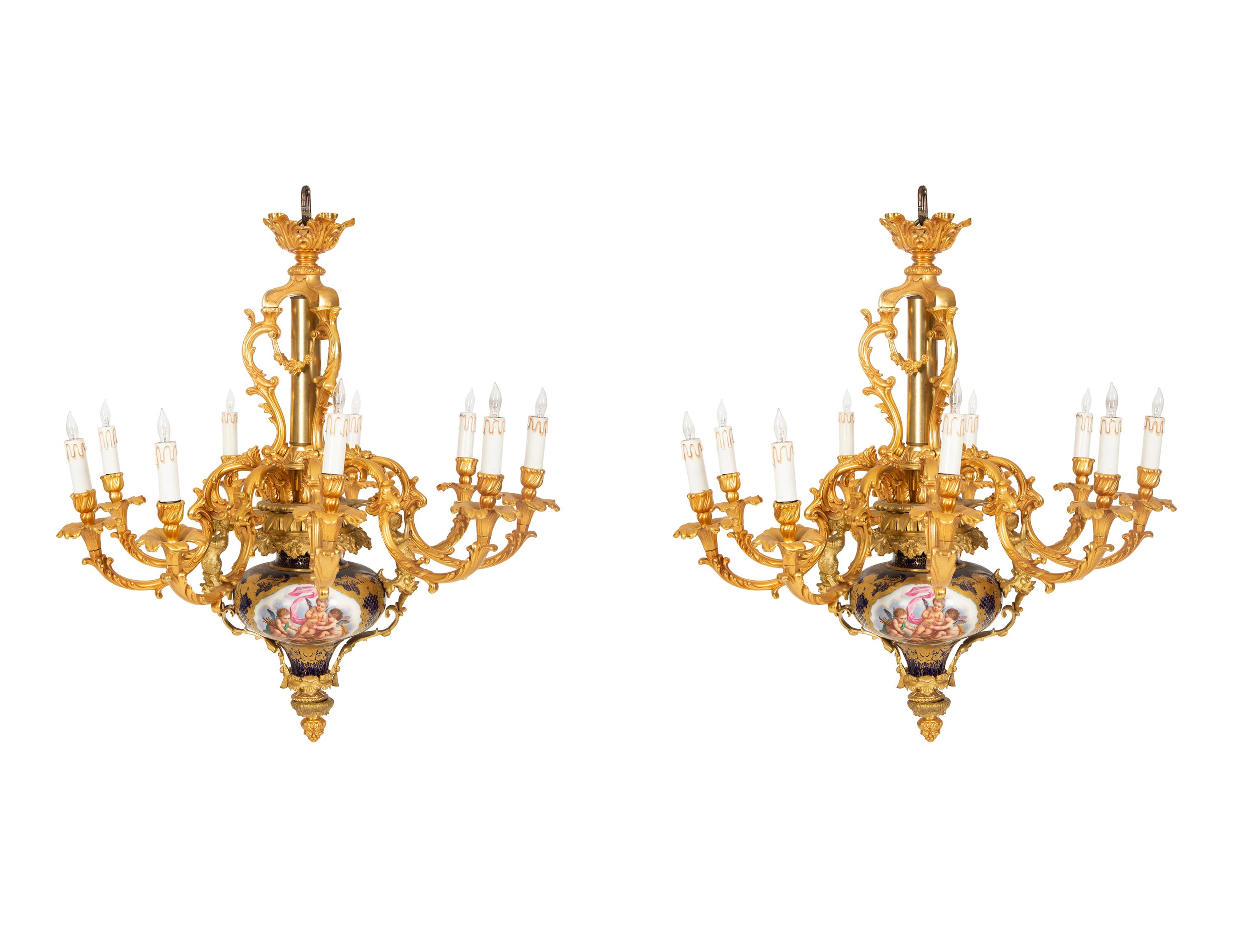A Pair of Sèvres Style Porcelain and Gilt Bronze Nine-Light Chandeliers