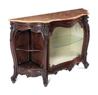 A Rococo Revival Carved Walnut Marble-Top Vitrine Cabinet