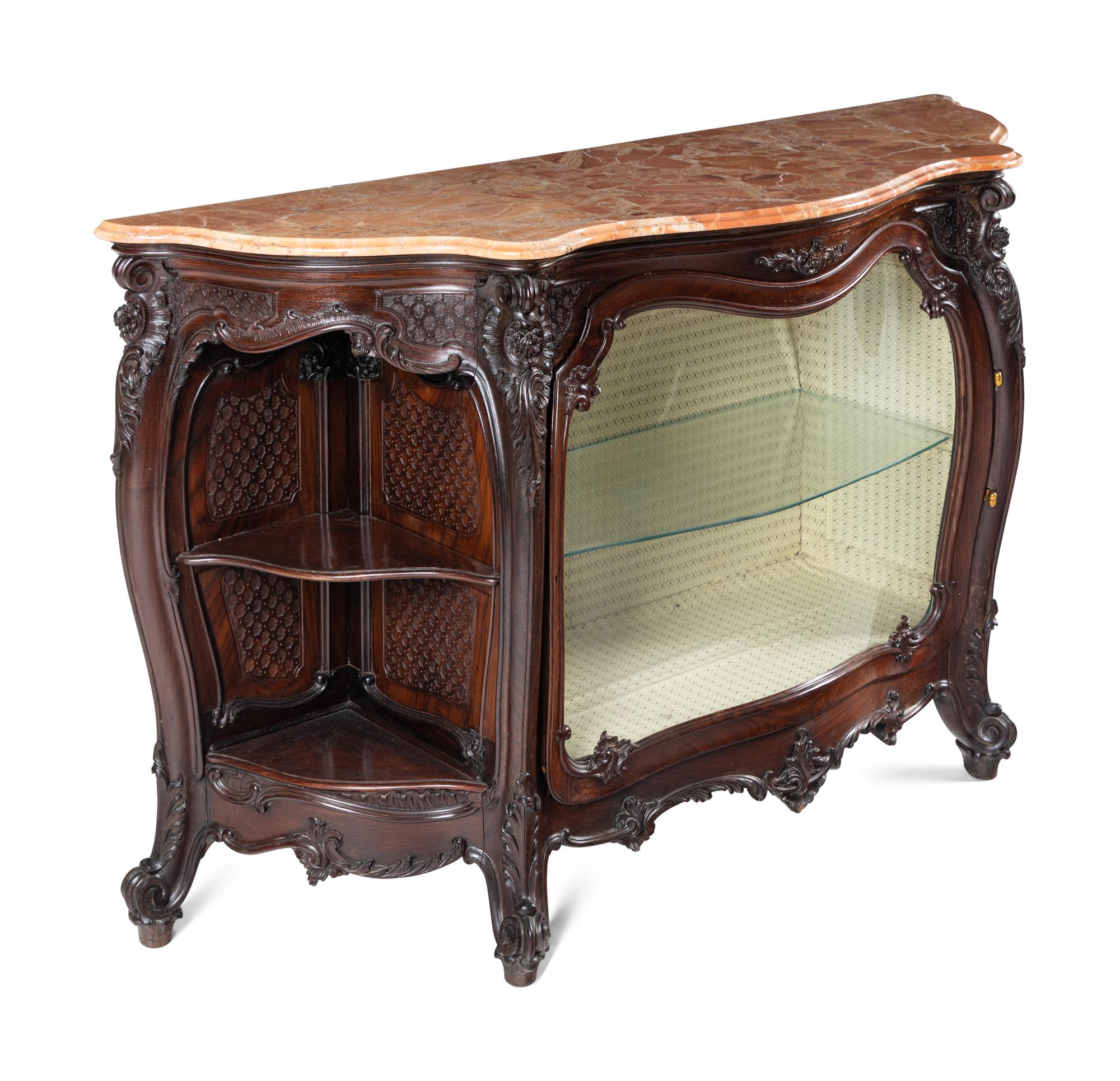 A Rococo Revival Carved Walnut Marble-Top Vitrine Cabinet