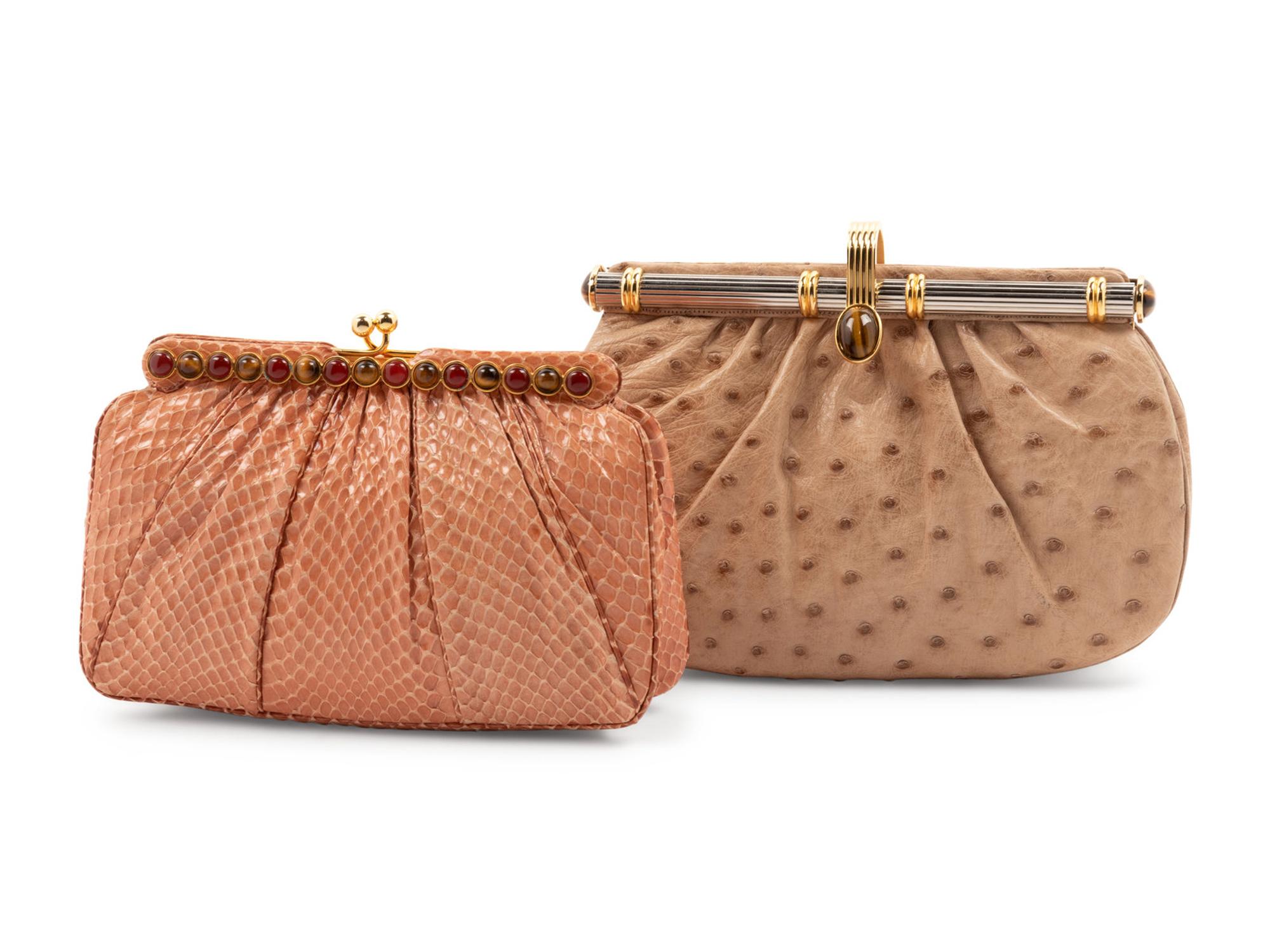 Two Judith Leiber Pouch Fame Bags; One Ostrich, One Snakeskin