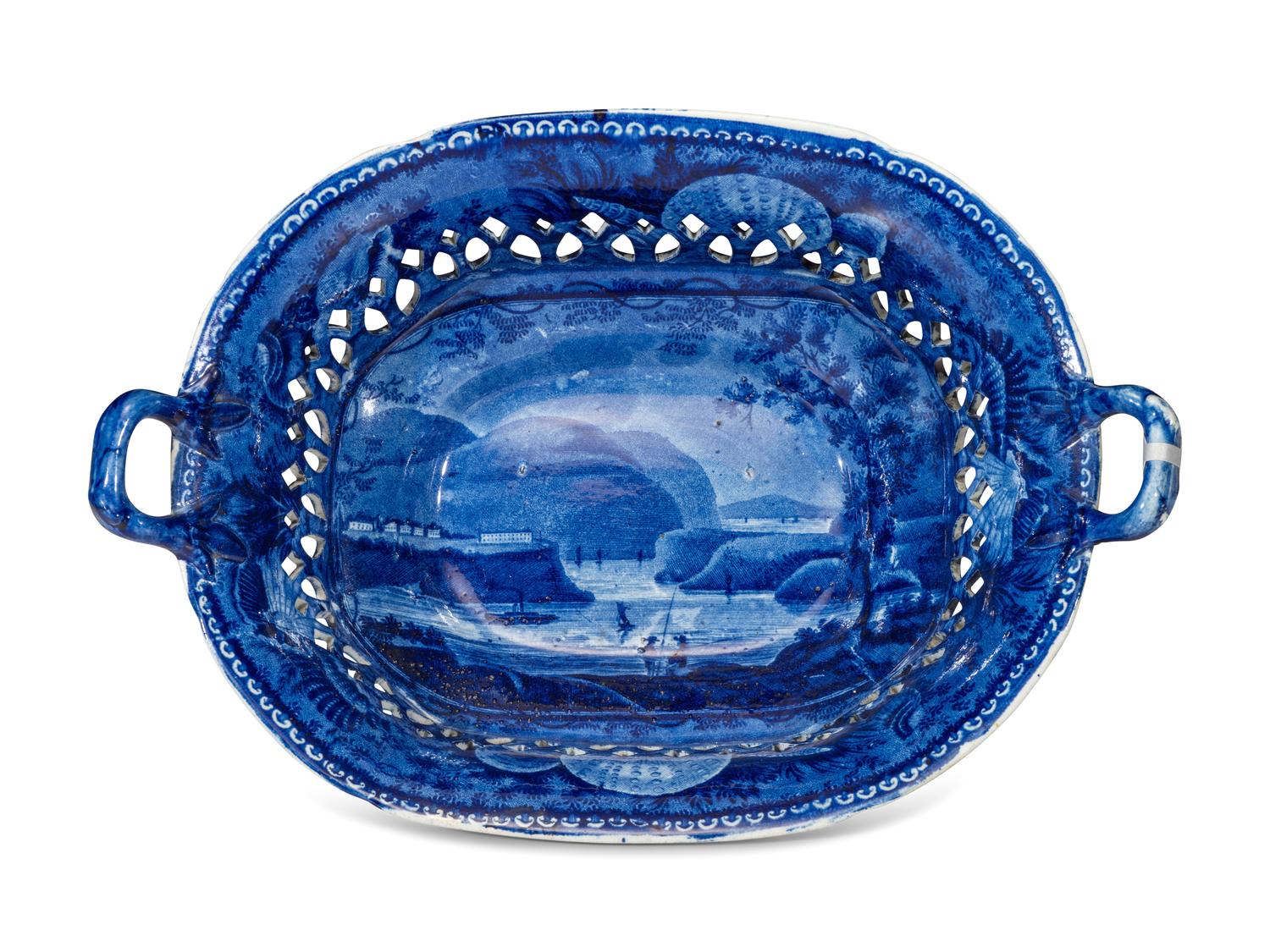 A Historic Blue Staffordshire 'West Point' Chestnut Reticulated Basket and Undertray