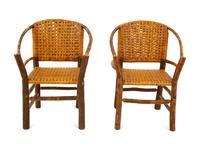 A Pair of Naturalistic Wood and Rattan Barrel Back Armchairs — 20th Century