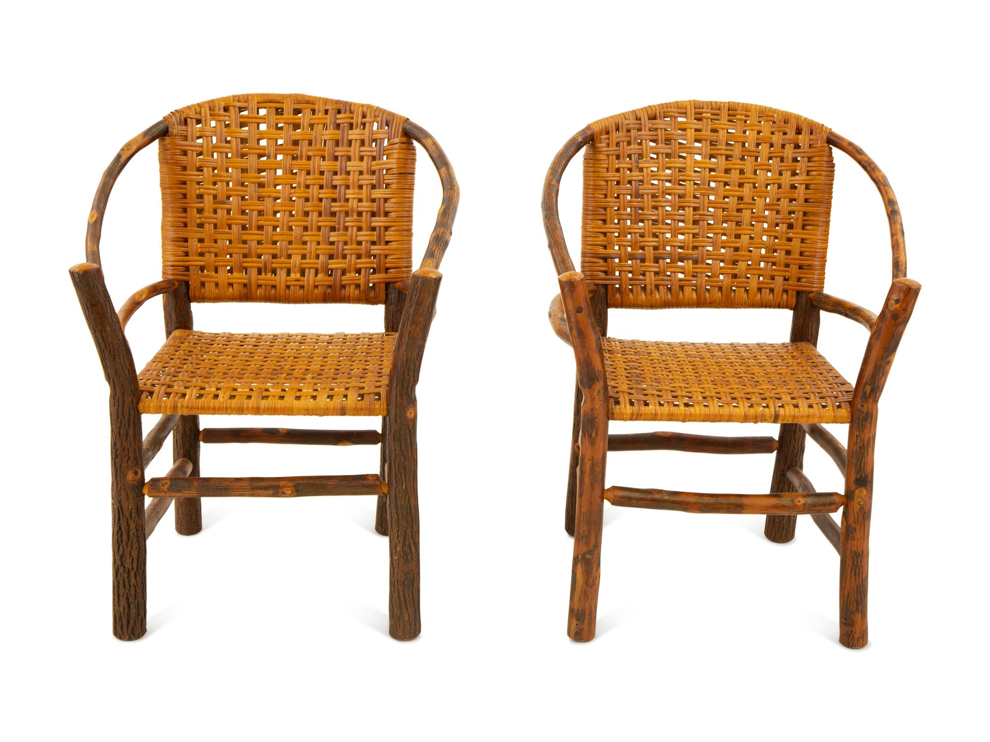 A Pair of Naturalistic Wood and Rattan Barrel Back Armchairs — 20th Century