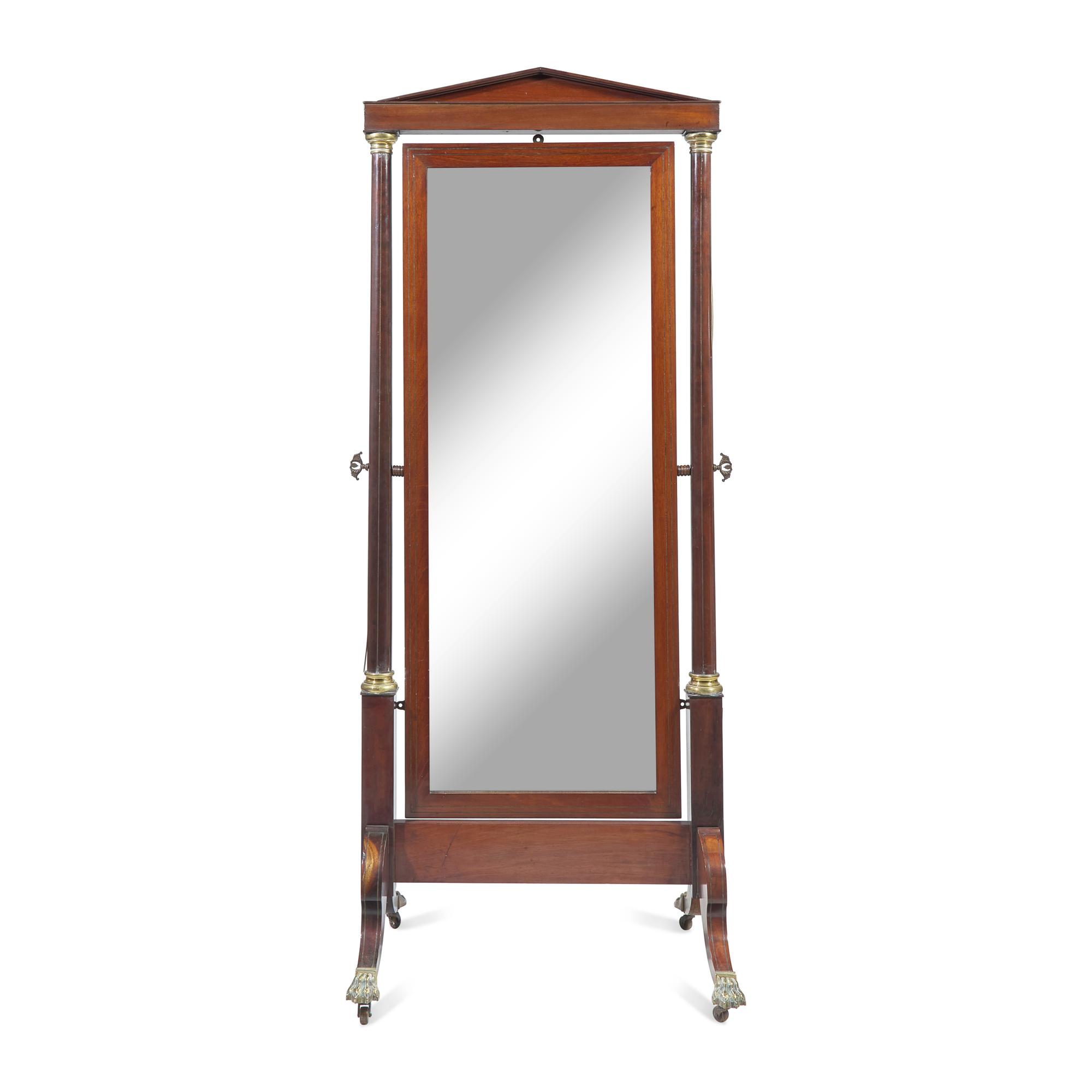 A Regency Mahogany and Brass-Inlaid Cheval Mirror