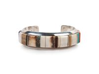 Silver Cuff Bracelet with Turquoise, Coral, and Lapis Cobblestone Inlay