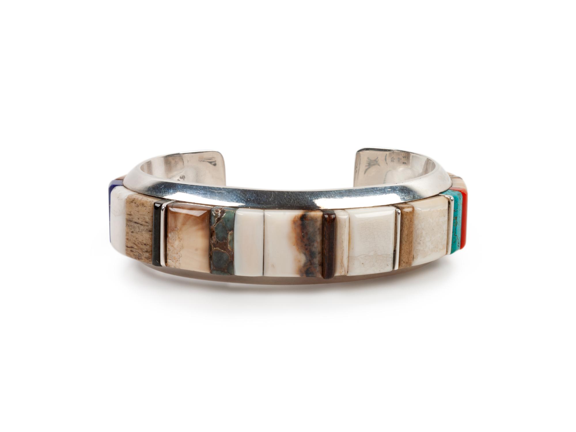 Silver Cuff Bracelet with Turquoise, Coral, and Lapis Cobblestone Inlay