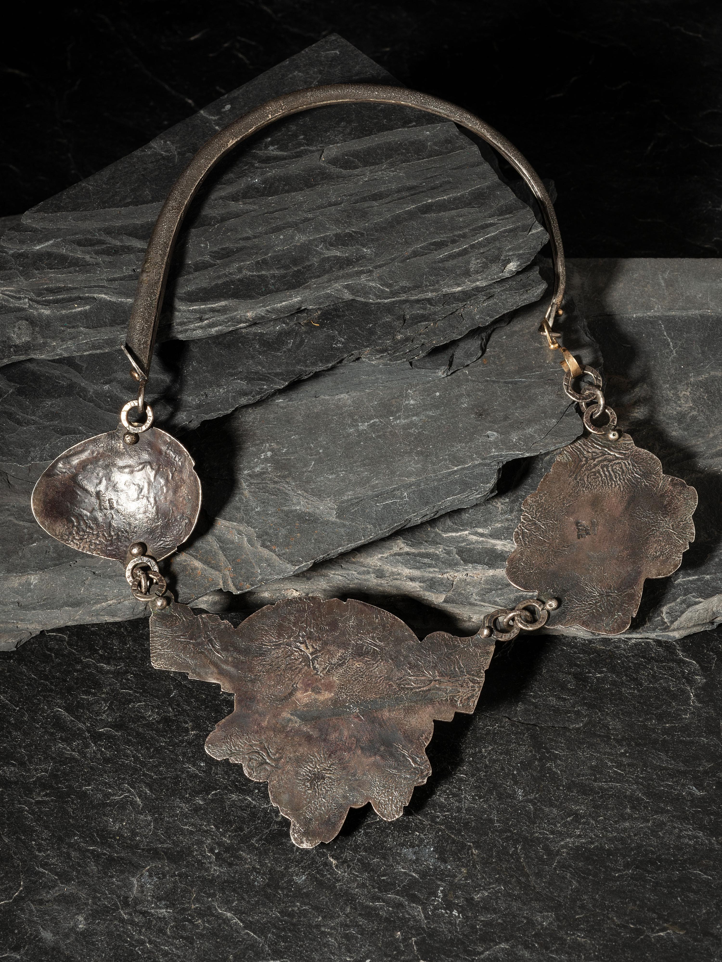 Sterling Silver Necklace, with Carved Stones and 14K Gold Accents