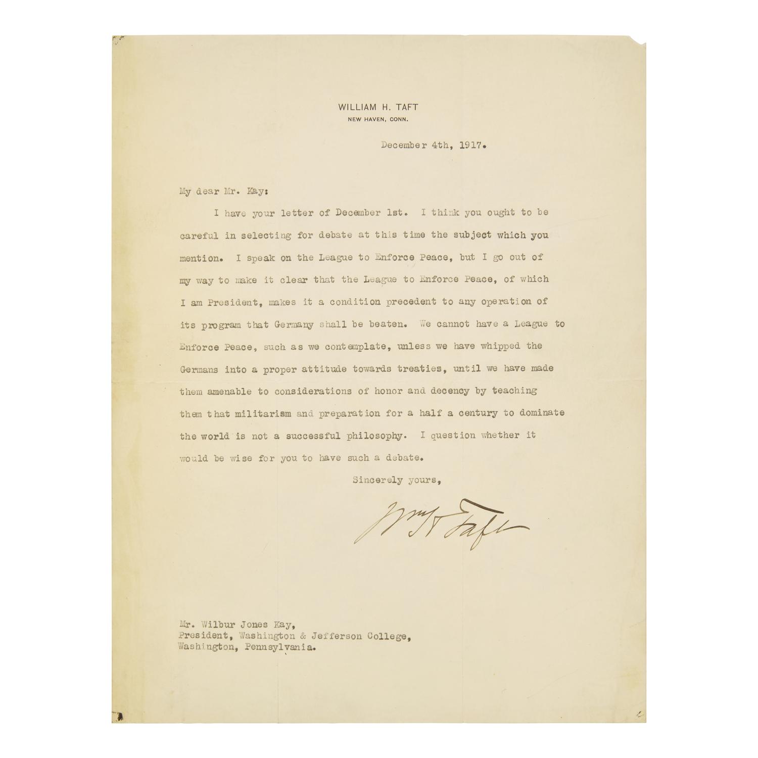 [Presidential] Taft, William H. Typed Letter, signed