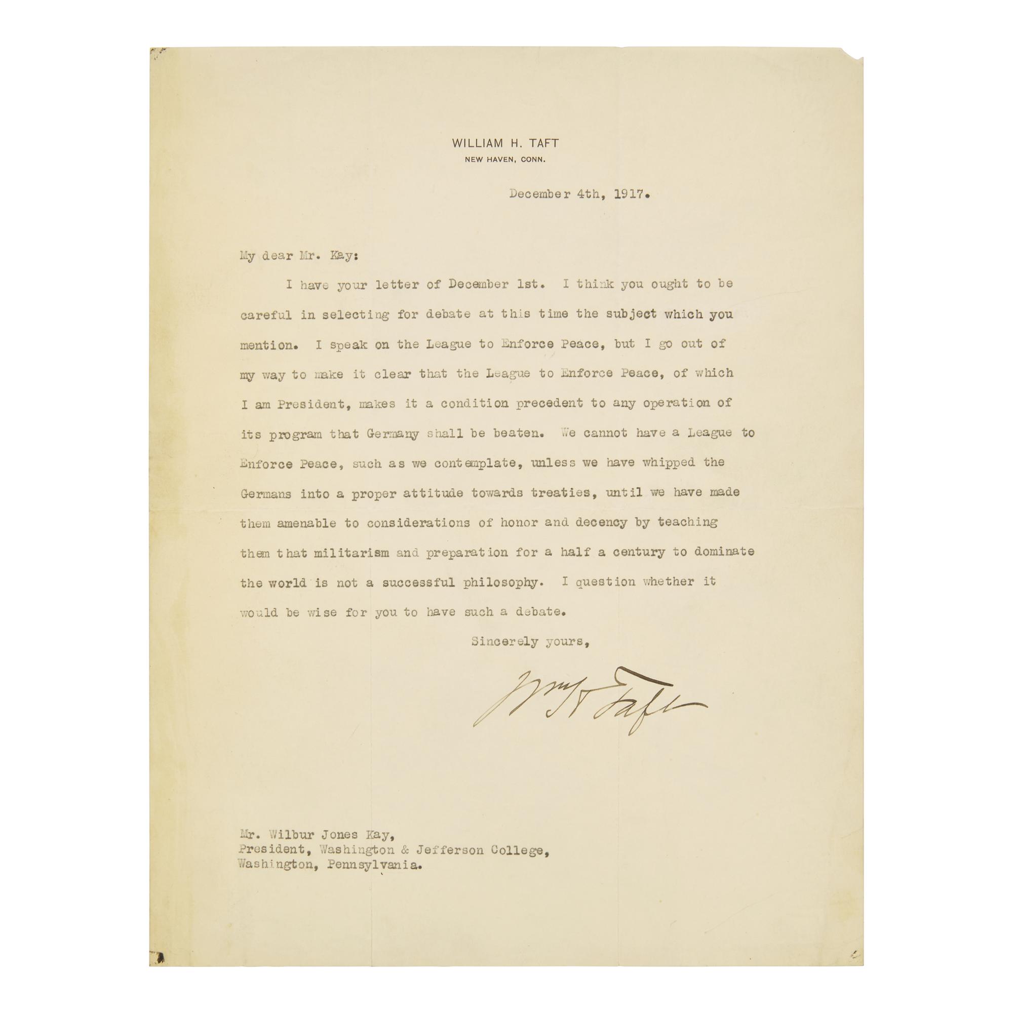 [Presidential] Taft, William H. Typed Letter, signed