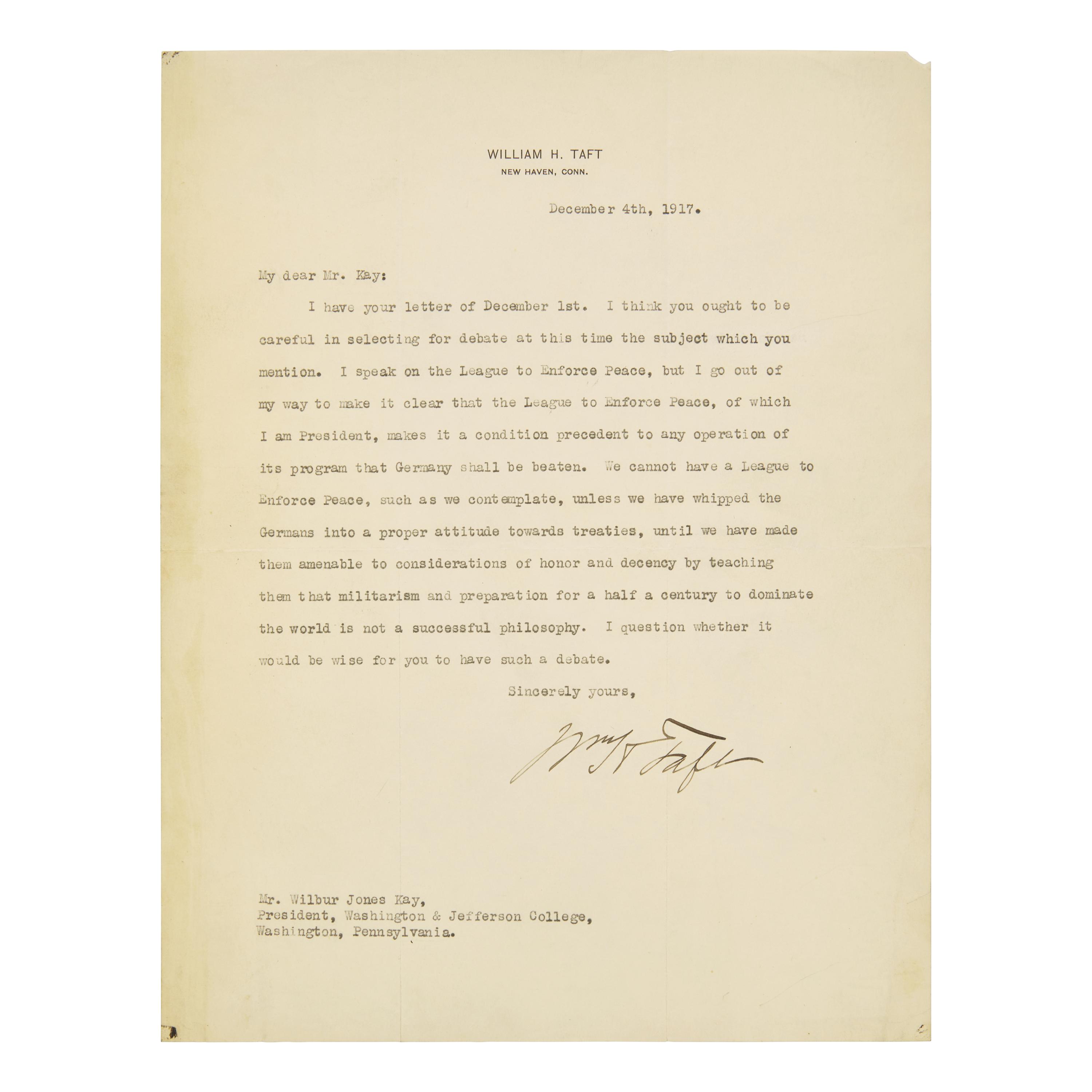 [Presidential] Taft, William H. Typed Letter, signed