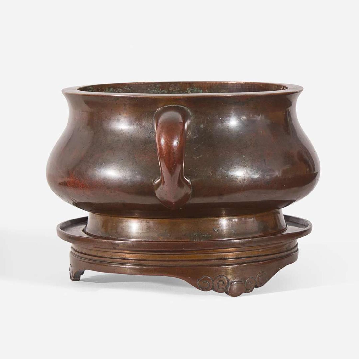 A Chinese patinated bronze censer and stand 铜香炉及底座 Xuande mark, 18th century or earlier ??? ???????