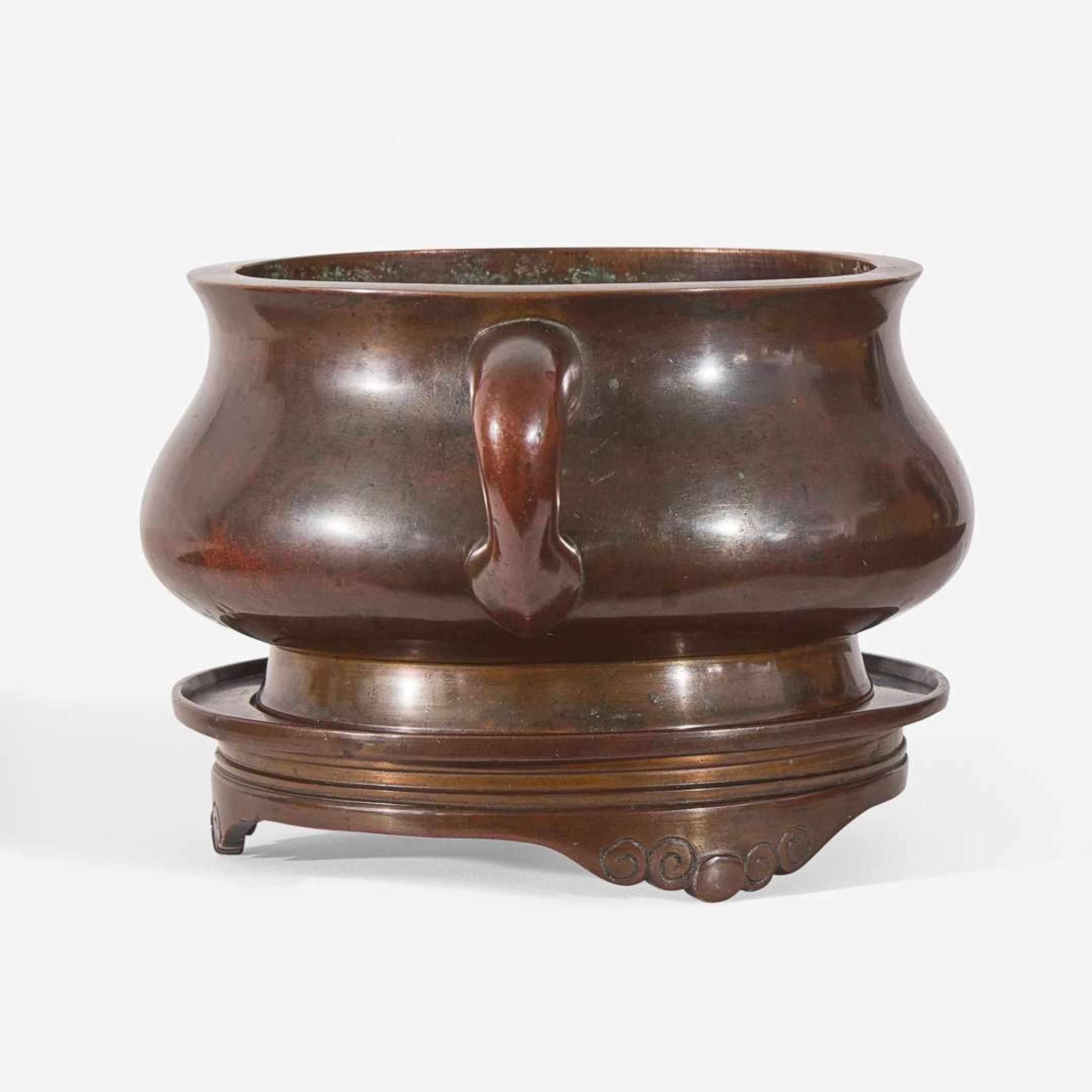 A Chinese patinated bronze censer and stand 铜香炉及底座 Xuande mark, 18th century or earlier ??? ???????
