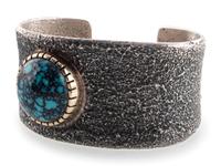 14k Gold and Silver Tufa Cast Cuff Bracelet, with Lander Turquoise