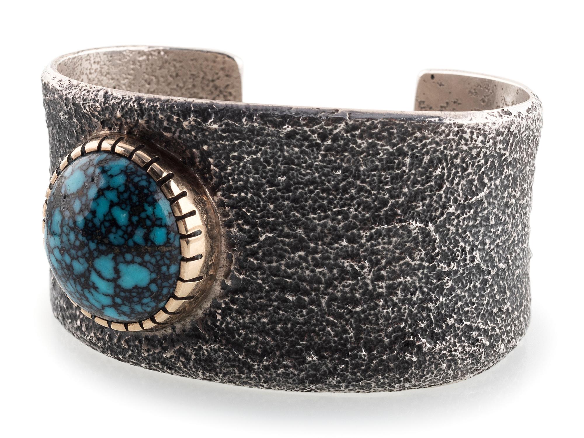 14k Gold and Silver Tufa Cast Cuff Bracelet, with Lander Turquoise