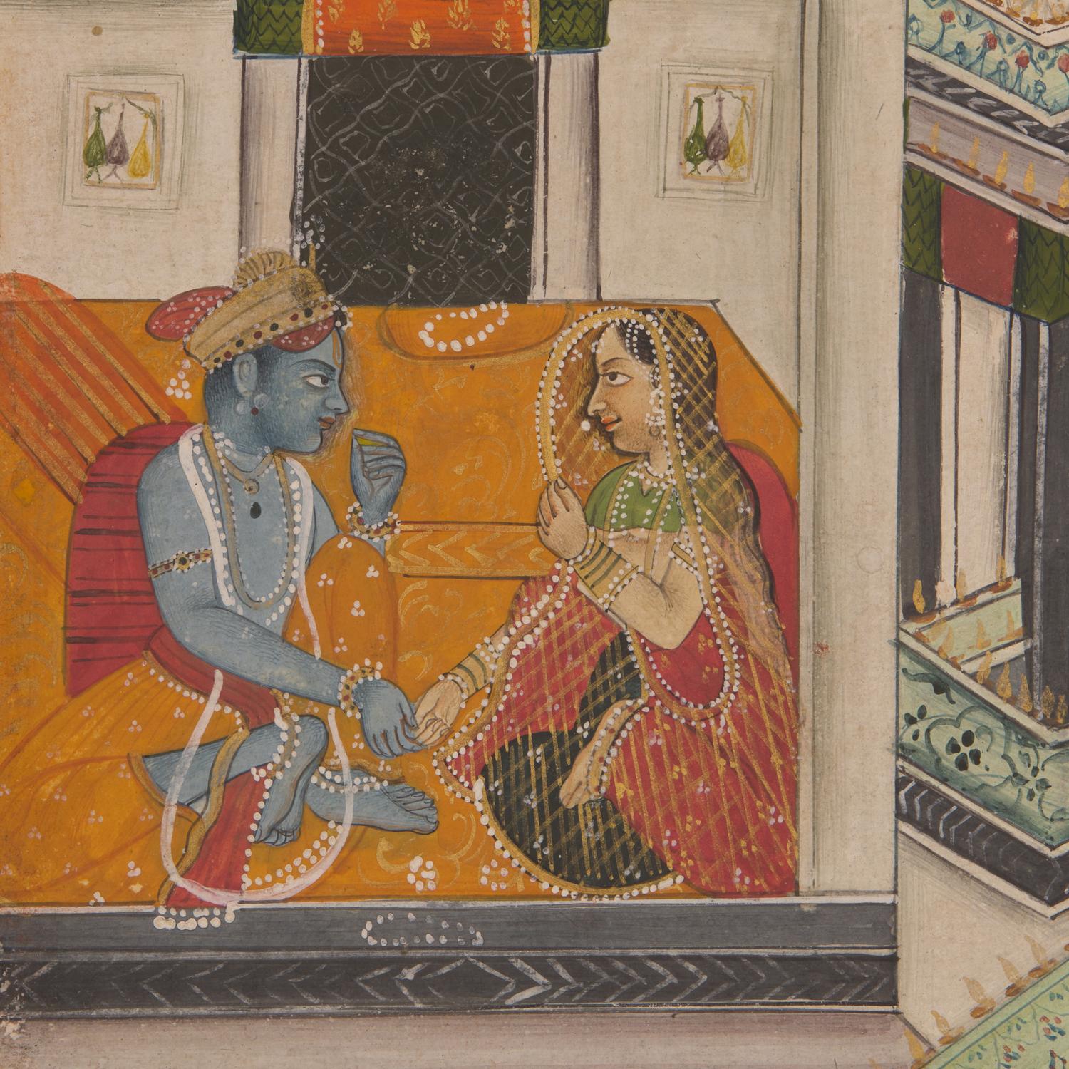 A Painting of Radha and Krishna Celebrating the Tej Festival and A Painting of Radha and Krishna Indoors Facing One Another, Probably Udaipur or Jaipur, India, 20th Century