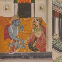 A Painting of Radha and Krishna Celebrating the Tej Festival and A Painting of Radha and Krishna Indoors Facing One Another, Probably Udaipur or Jaipur, India, 20th Century