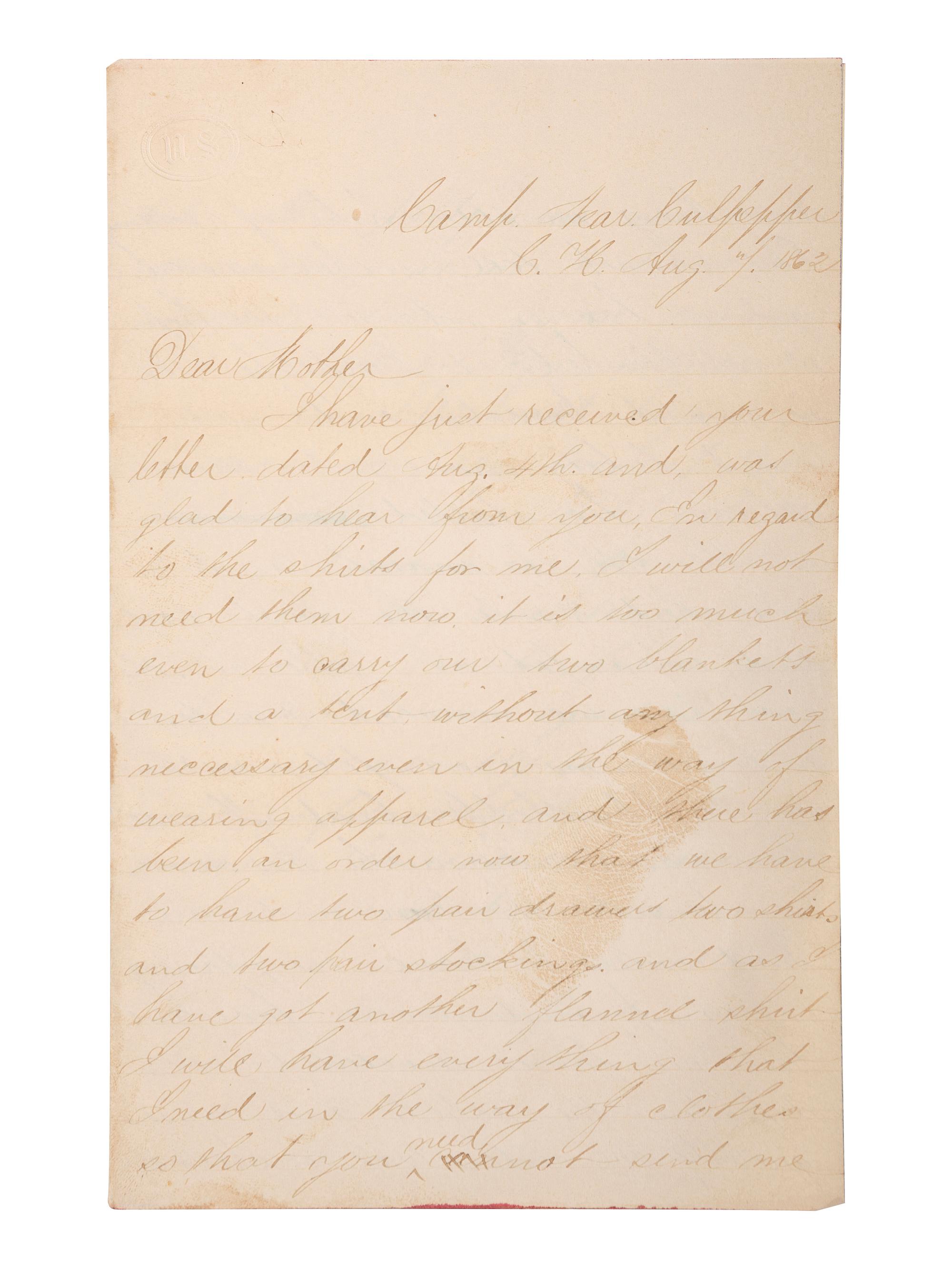 [CIVIL WAR]. Archive related to Albert Campbell Johnston and Nathaniel Dillhorn, 90th Pennsylvania Volunteers, incl. letter detailing the Battle of Cedar Mountain.