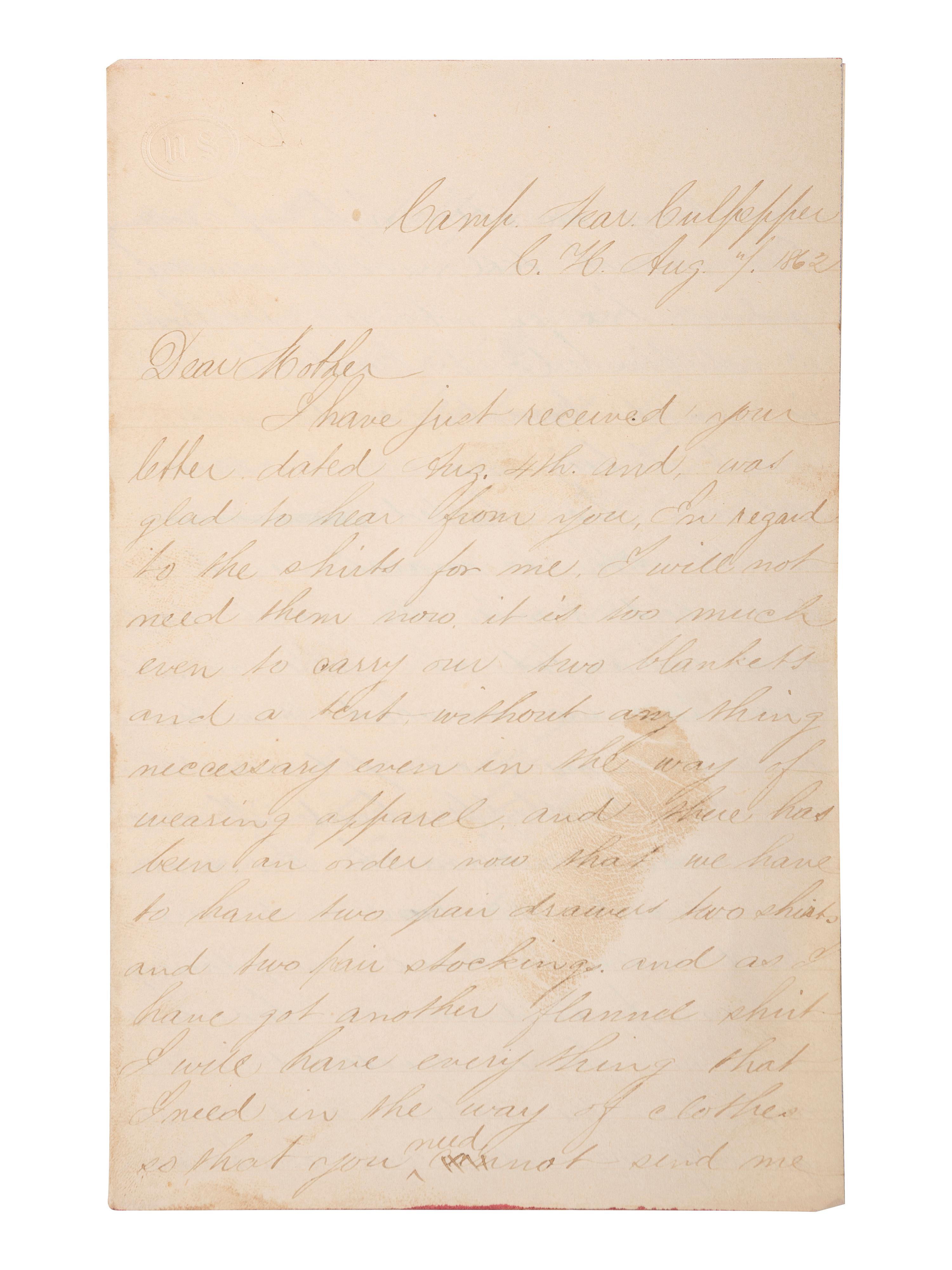 [CIVIL WAR]. Archive related to Albert Campbell Johnston and Nathaniel Dillhorn, 90th Pennsylvania Volunteers, incl. letter detailing the Battle of Cedar Mountain.