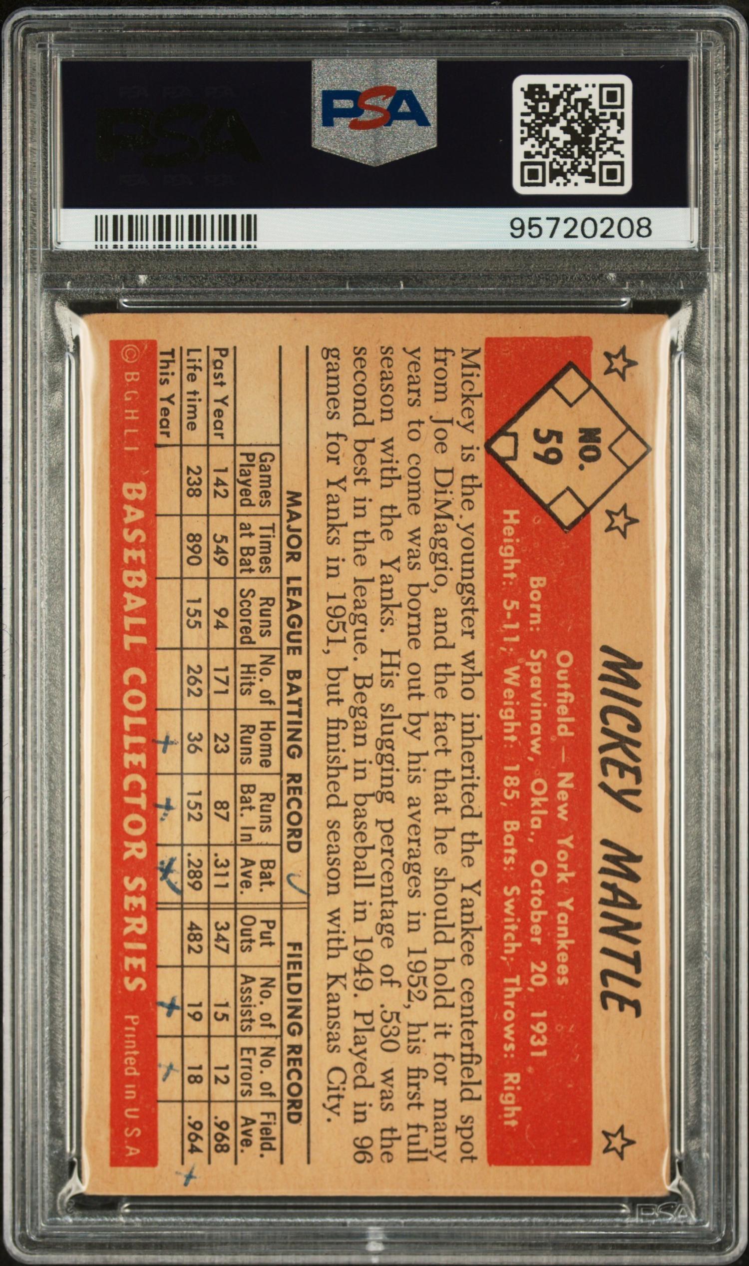 A 1953 Bowman Color Mickey Mantle Baseball Card No. 59 (PSA 3 MK VG)