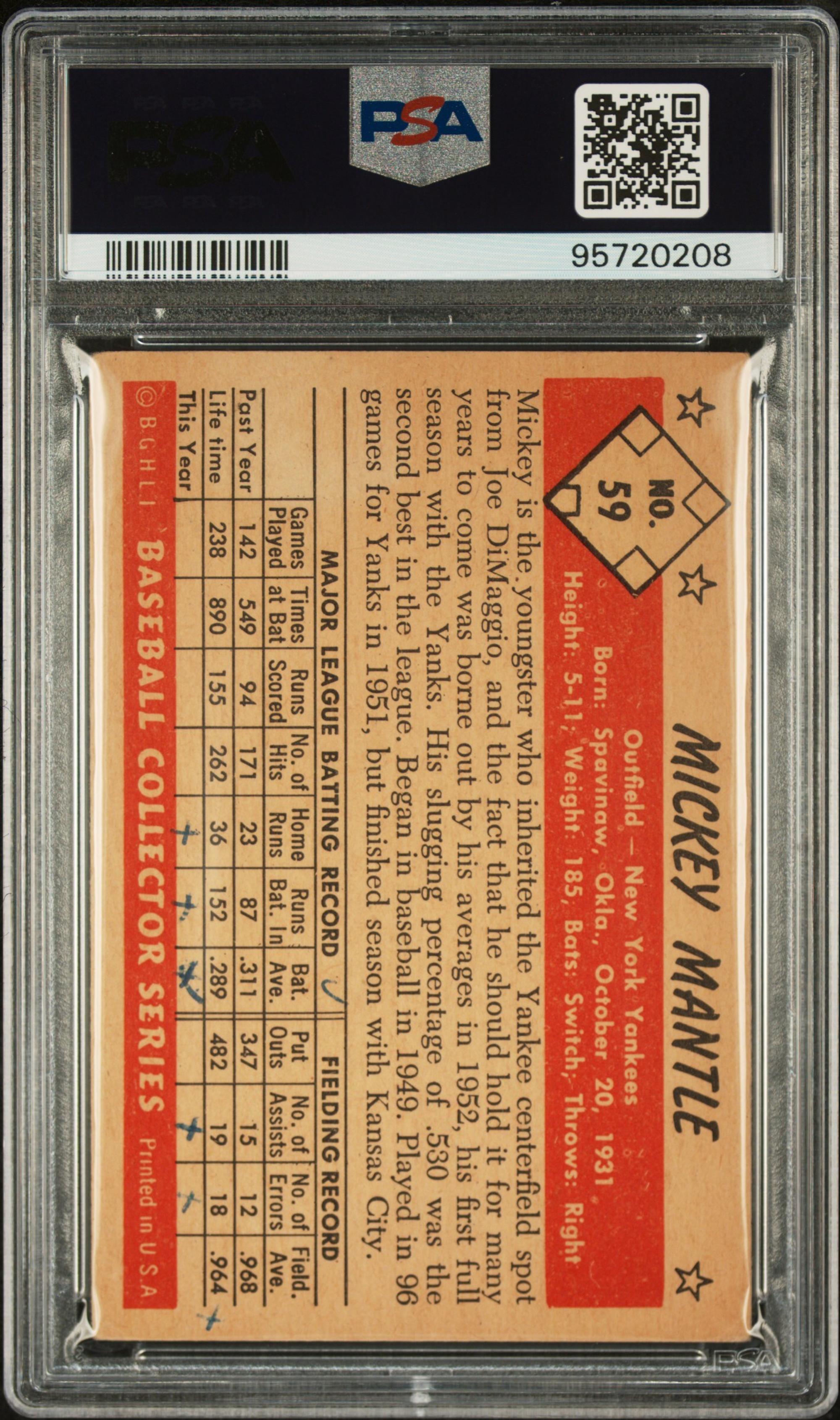 A 1953 Bowman Color Mickey Mantle Baseball Card No. 59 (PSA 3 MK VG)
