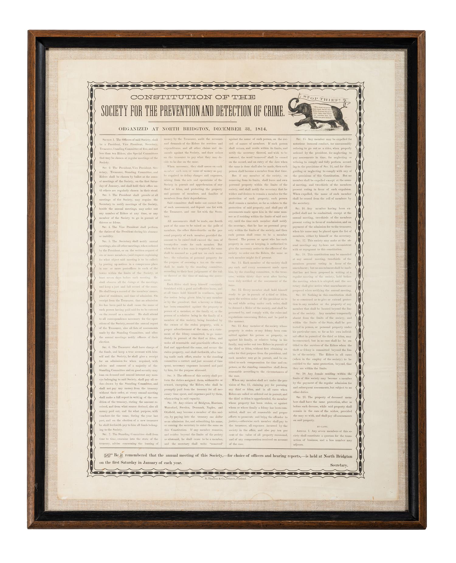 [CRIME & PUNISHMENT]. Constitution of Society for the Prevention and Detection of Crime . Organied at North Bridgton, December 31, 1814. Portland, ME: B. Thurston & Co., [second half of the 19th century].