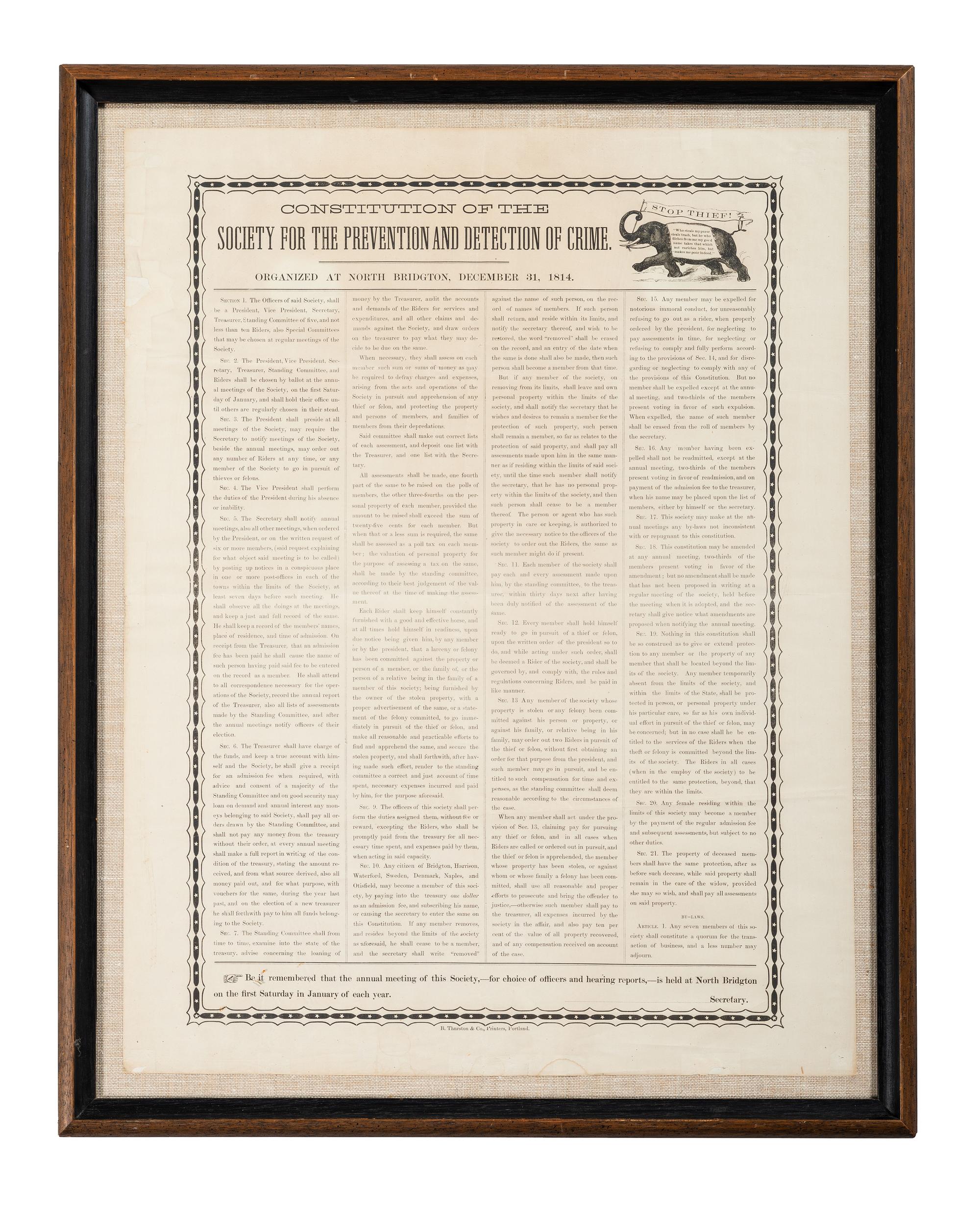 [CRIME & PUNISHMENT]. Constitution of Society for the Prevention and Detection of Crime . Organied at North Bridgton, December 31, 1814. Portland, ME: B. Thurston & Co., [second half of the 19th century].