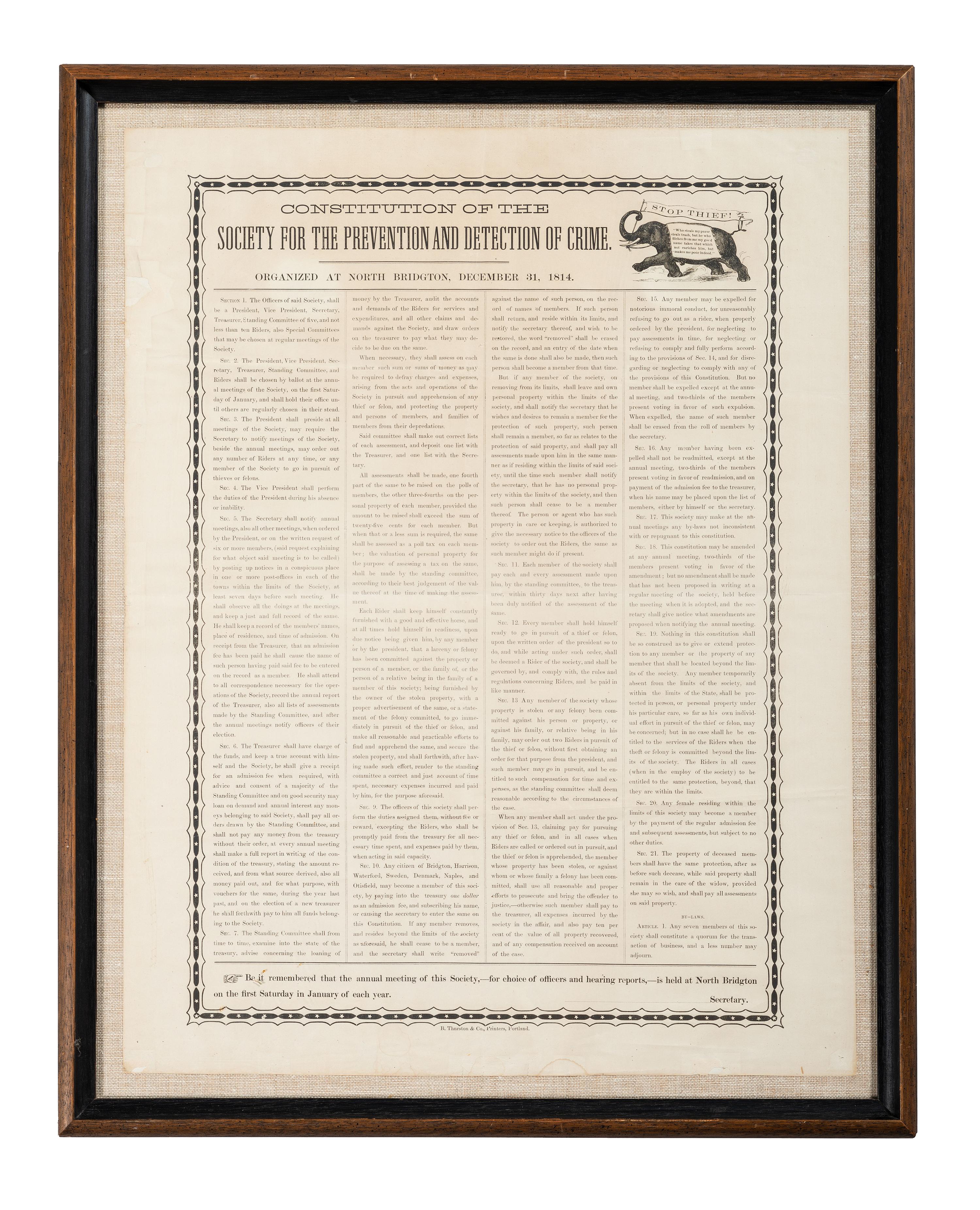 [CRIME & PUNISHMENT]. Constitution of Society for the Prevention and Detection of Crime . Organied at North Bridgton, December 31, 1814. Portland, ME: B. Thurston & Co., [second half of the 19th century].