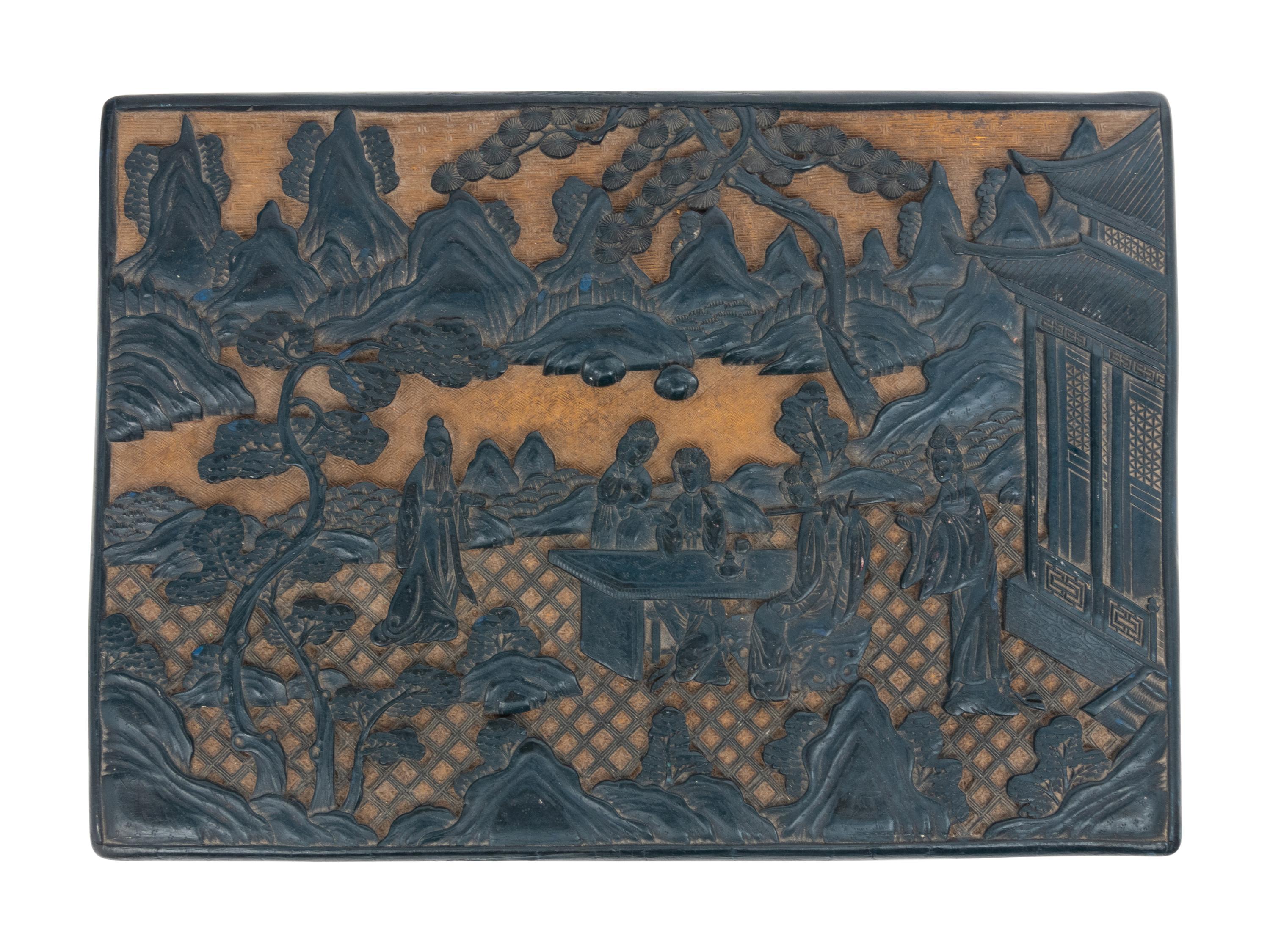 A Chinese Carved Green and Yellow Lacquered Rectangular Box and Cover