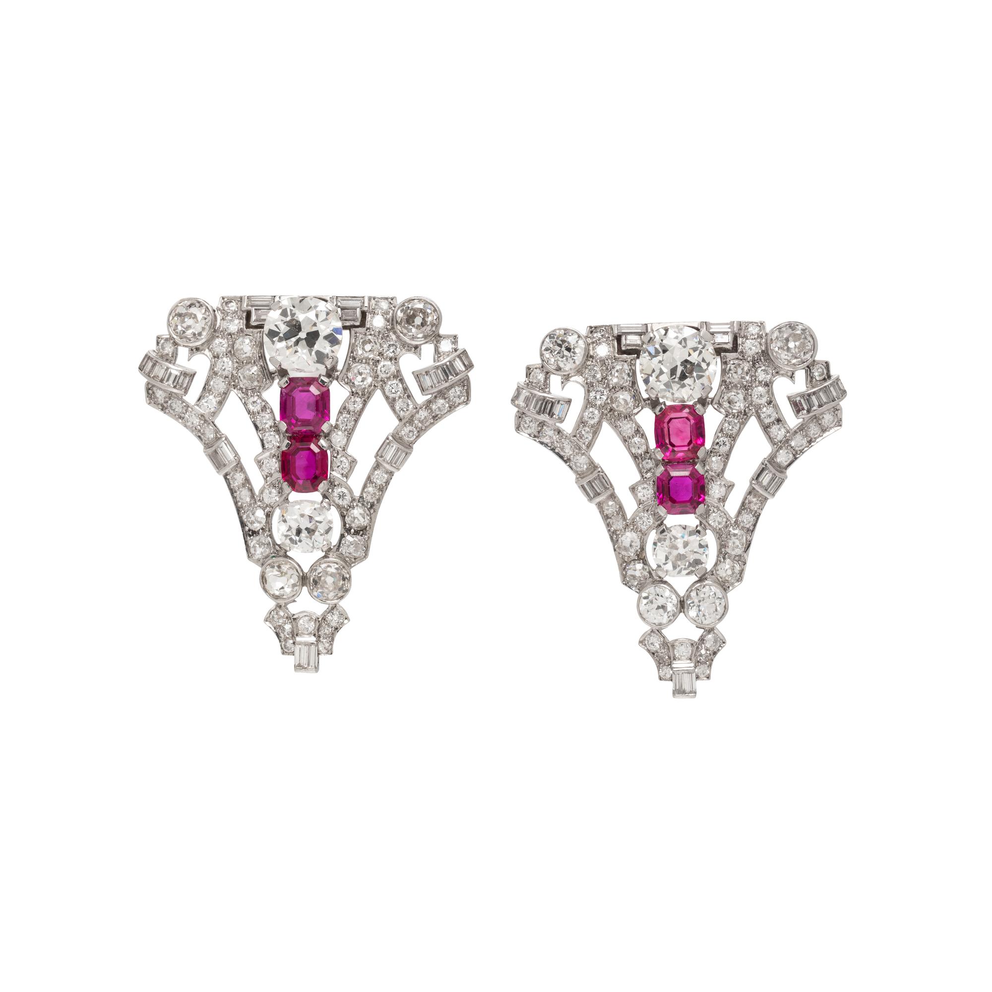 ART DECO, DIAMOND AND RUBY CONVERTIBLE DRESS CLIPS