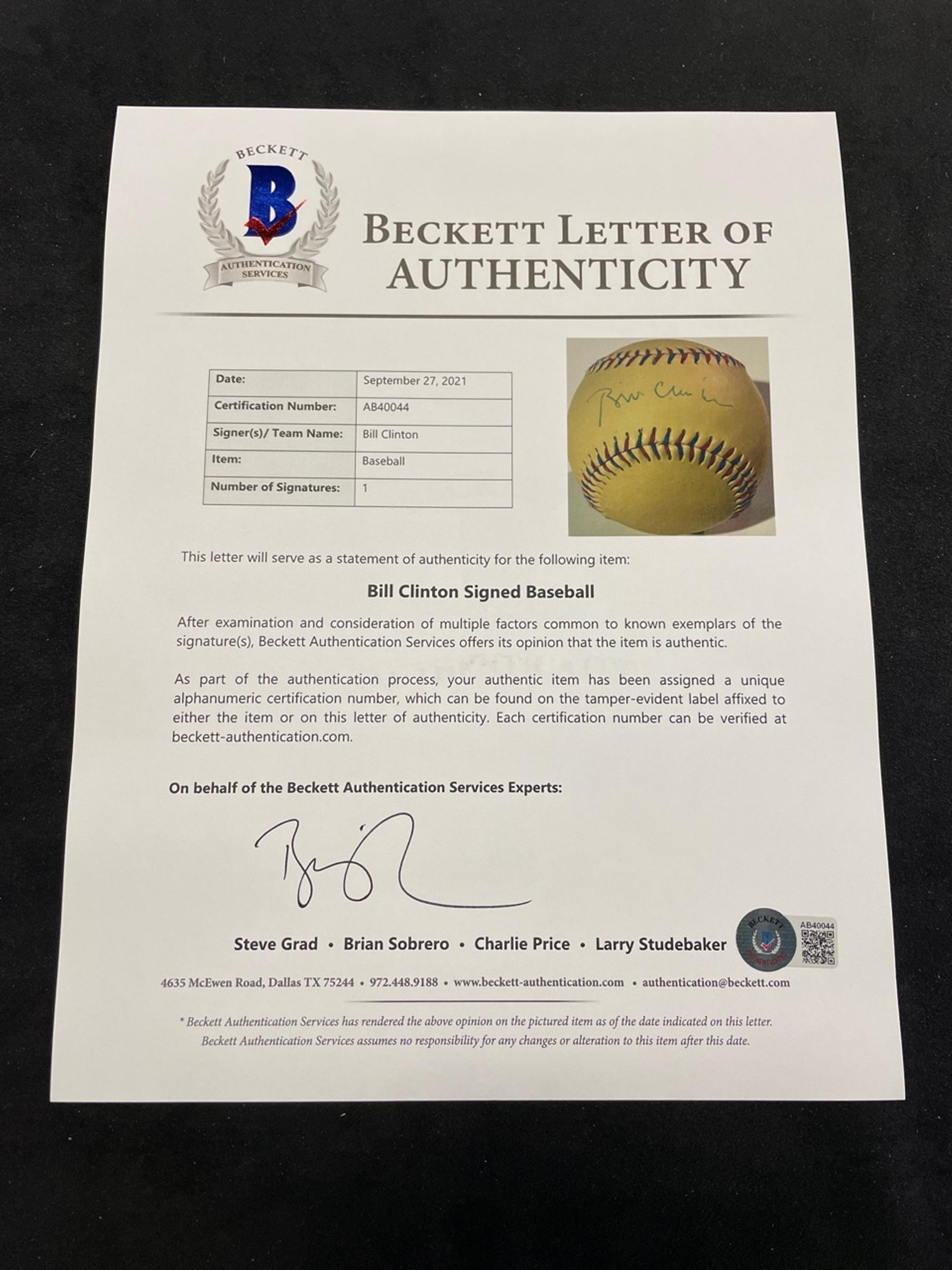 A President Bill Clinton Signed Autograph Baseball (BAS Beckett Authentication Services Certified),