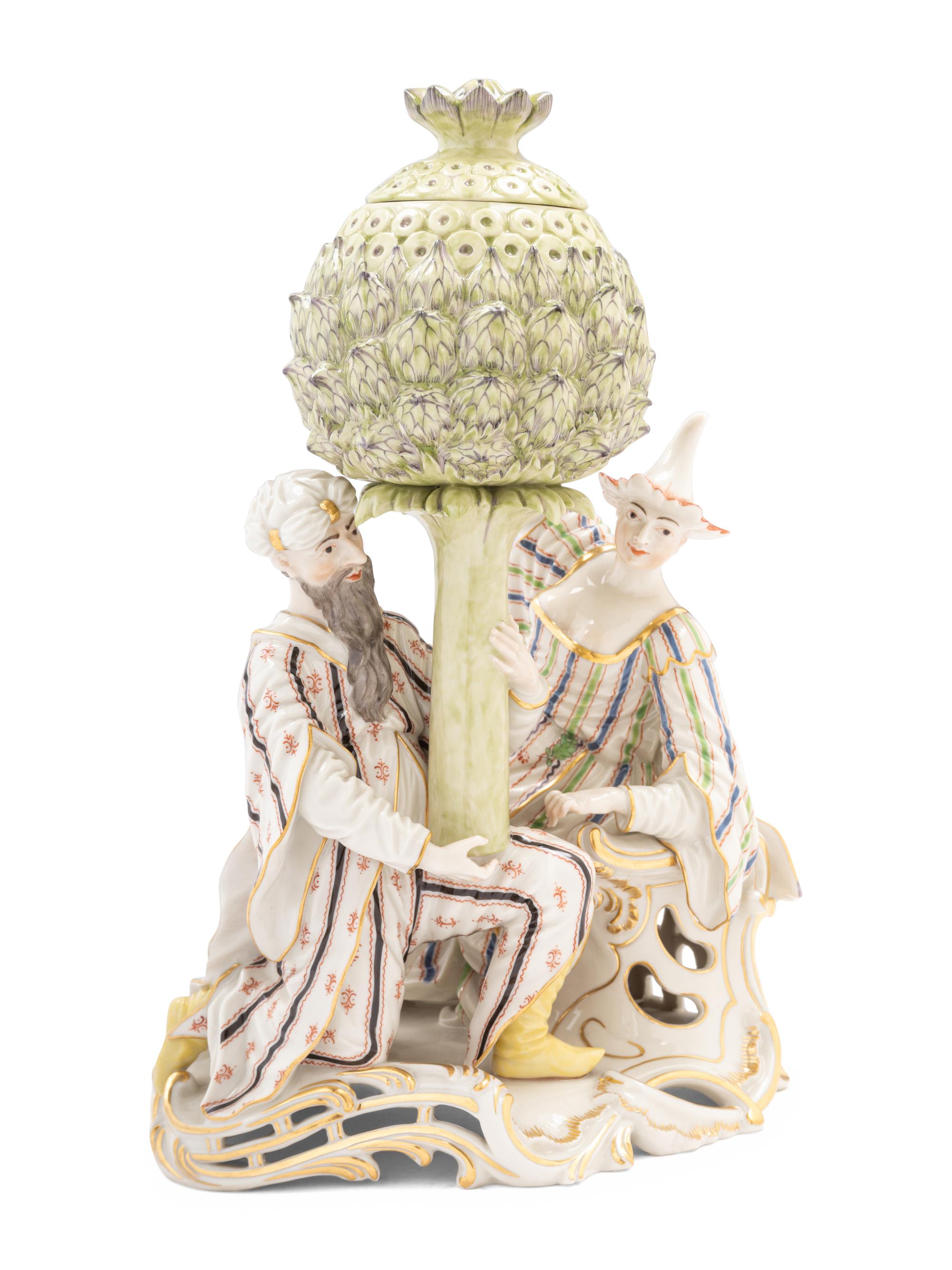 A Nymphenburg Porcelain Group of Figures with an Artichoke as a Perfume Burner