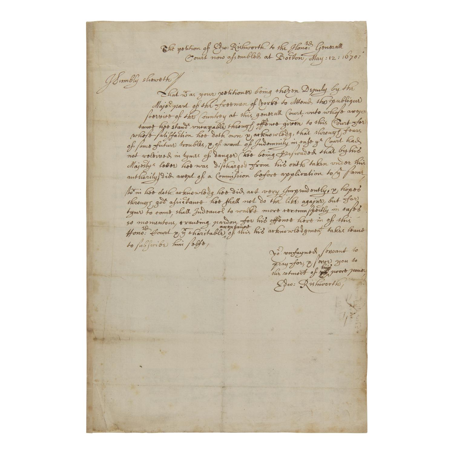 [Colonial America] Rishworth, Edward. Group of 3 Autograph Legal Documents, signed