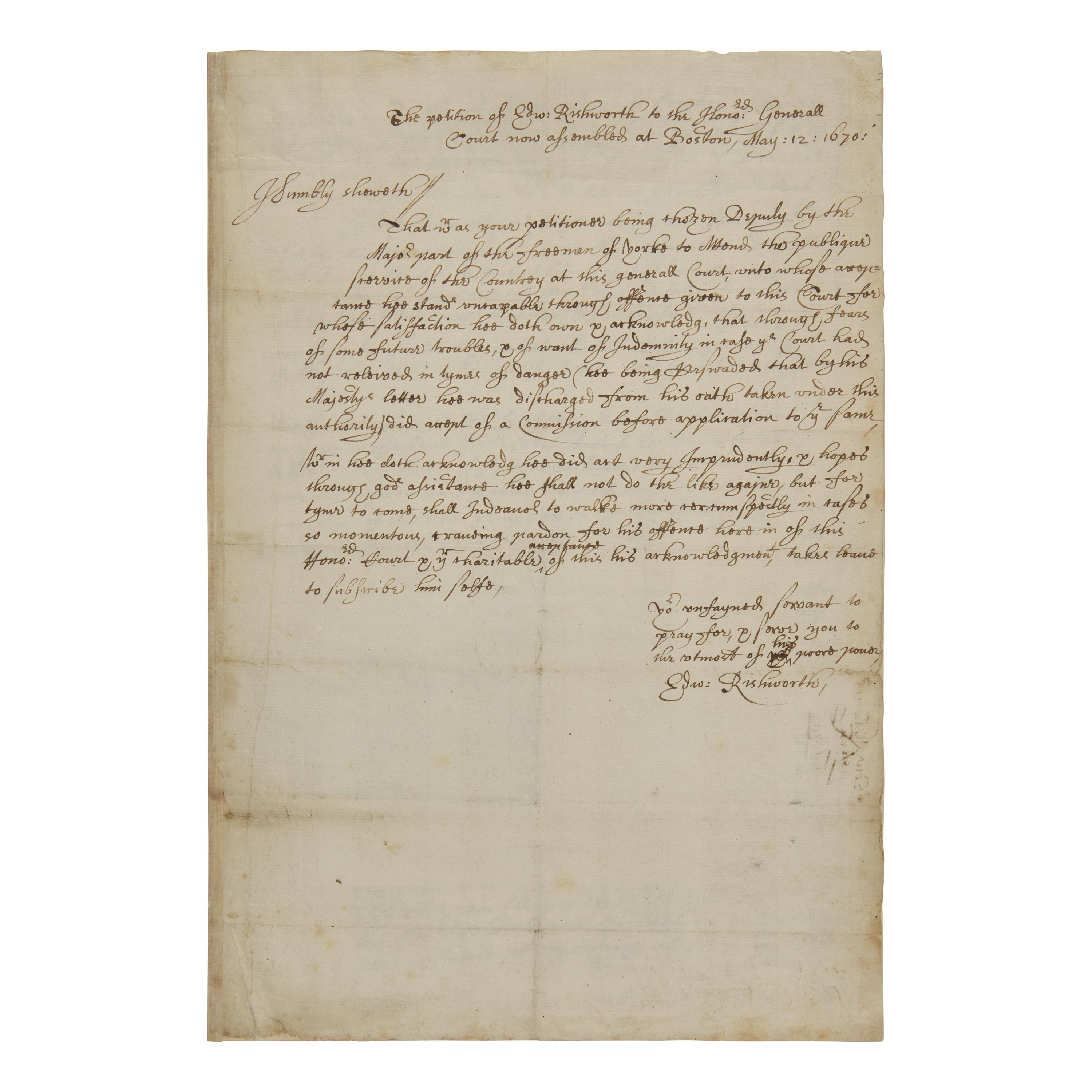 [Colonial America] Rishworth, Edward. Group of 3 Autograph Legal Documents, signed