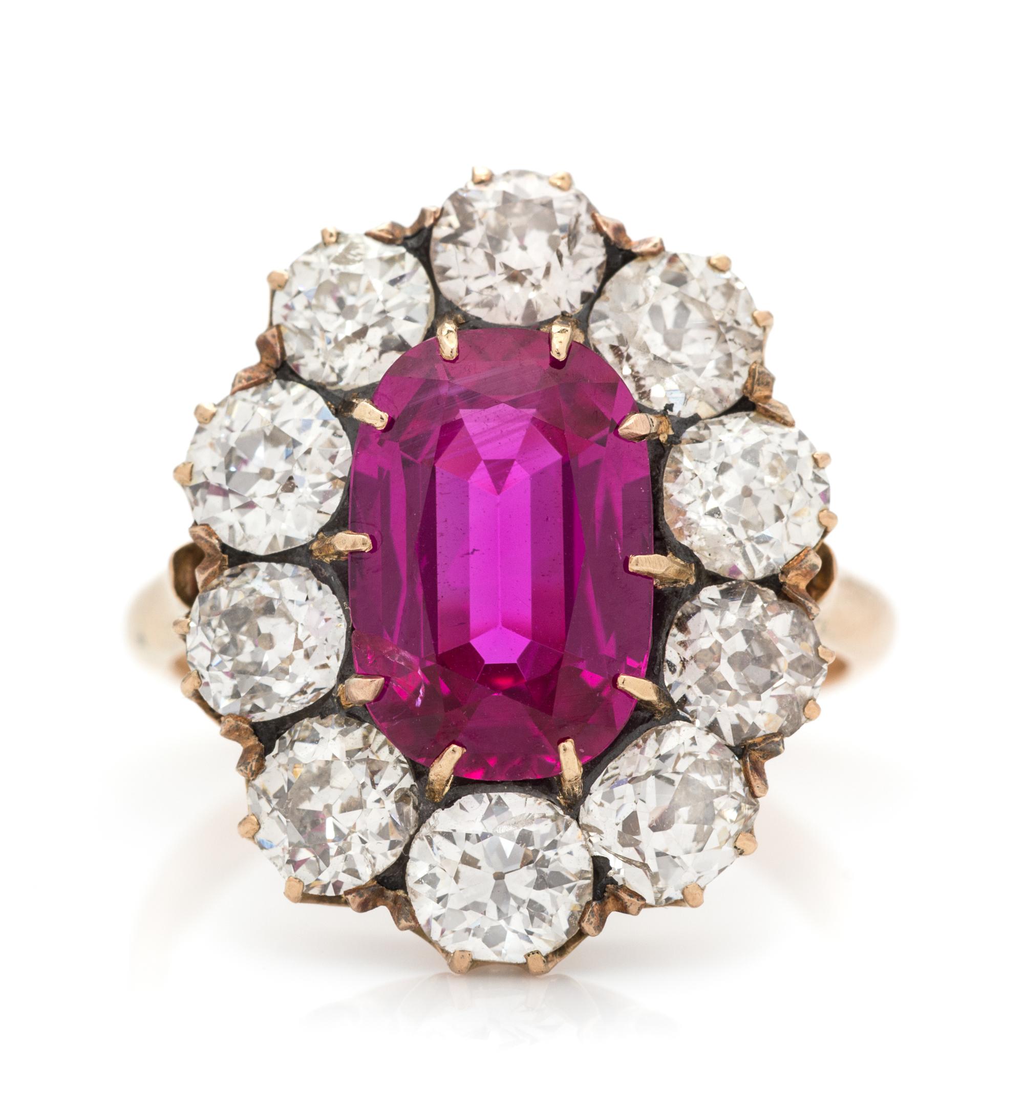 A Fine Victorian Rose Gold, Silver, Ruby and Diamond Ring, 3.40 dwts.