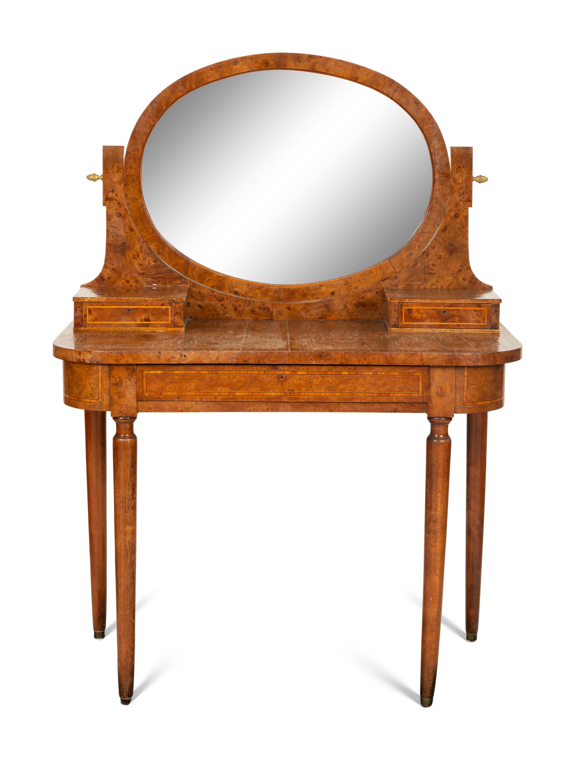 An English Burlwood Dressing Table with Swing Oval Mirror