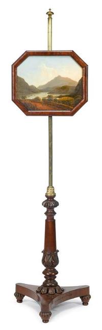 Classical brass and carved mahogany pole screen with Hudson River view circa 1825