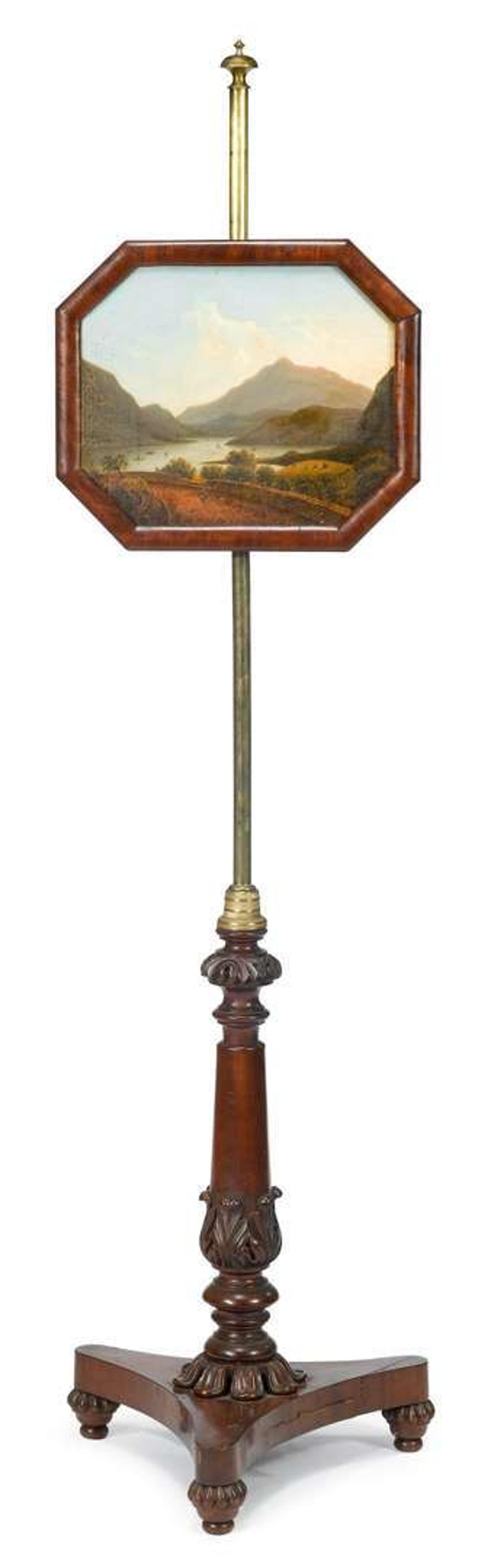 Classical brass and carved mahogany pole screen with Hudson River view circa 1825