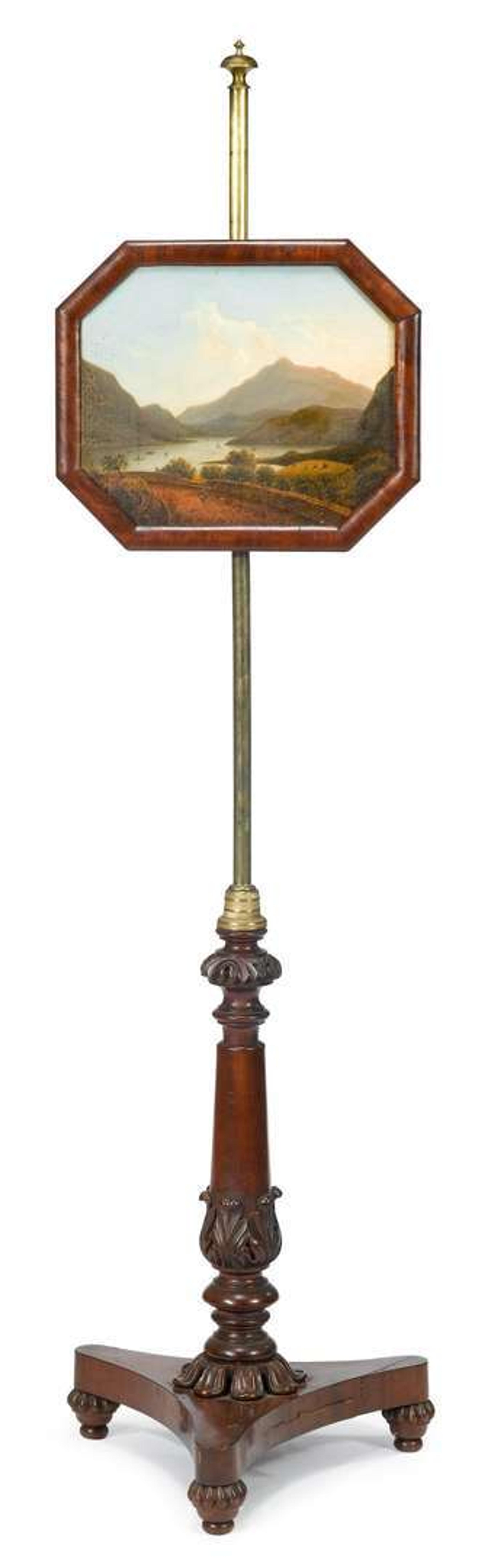 Classical brass and carved mahogany pole screen with Hudson River view circa 1825