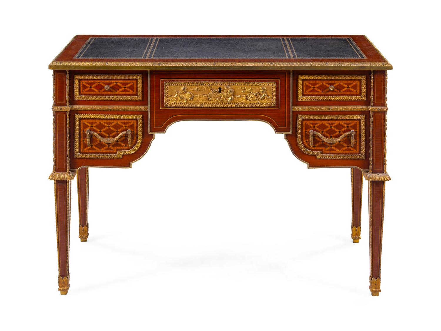 A Louis XVI Style Gilt Bronze Mounted Parquetry Bureau Plat