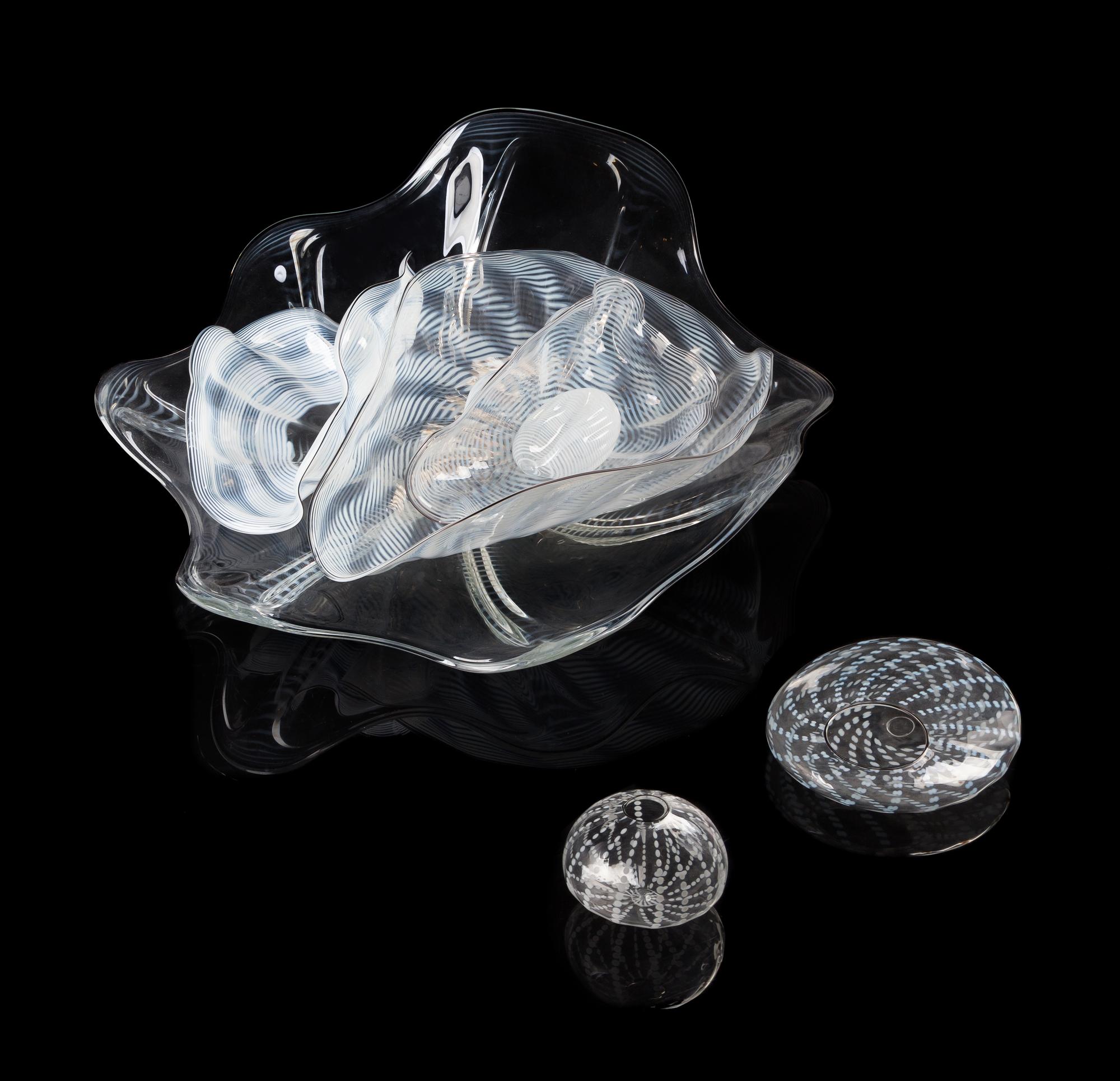 Dale Chihuly, (American, b. 1941), Opaline Spined and White Sea Form Set, 1987