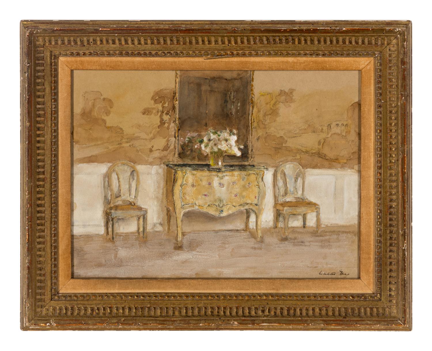 Interior with a commode and a pair of side chairs
