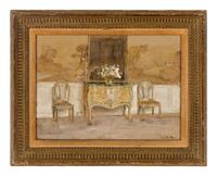 Interior with a commode and a pair of side chairs