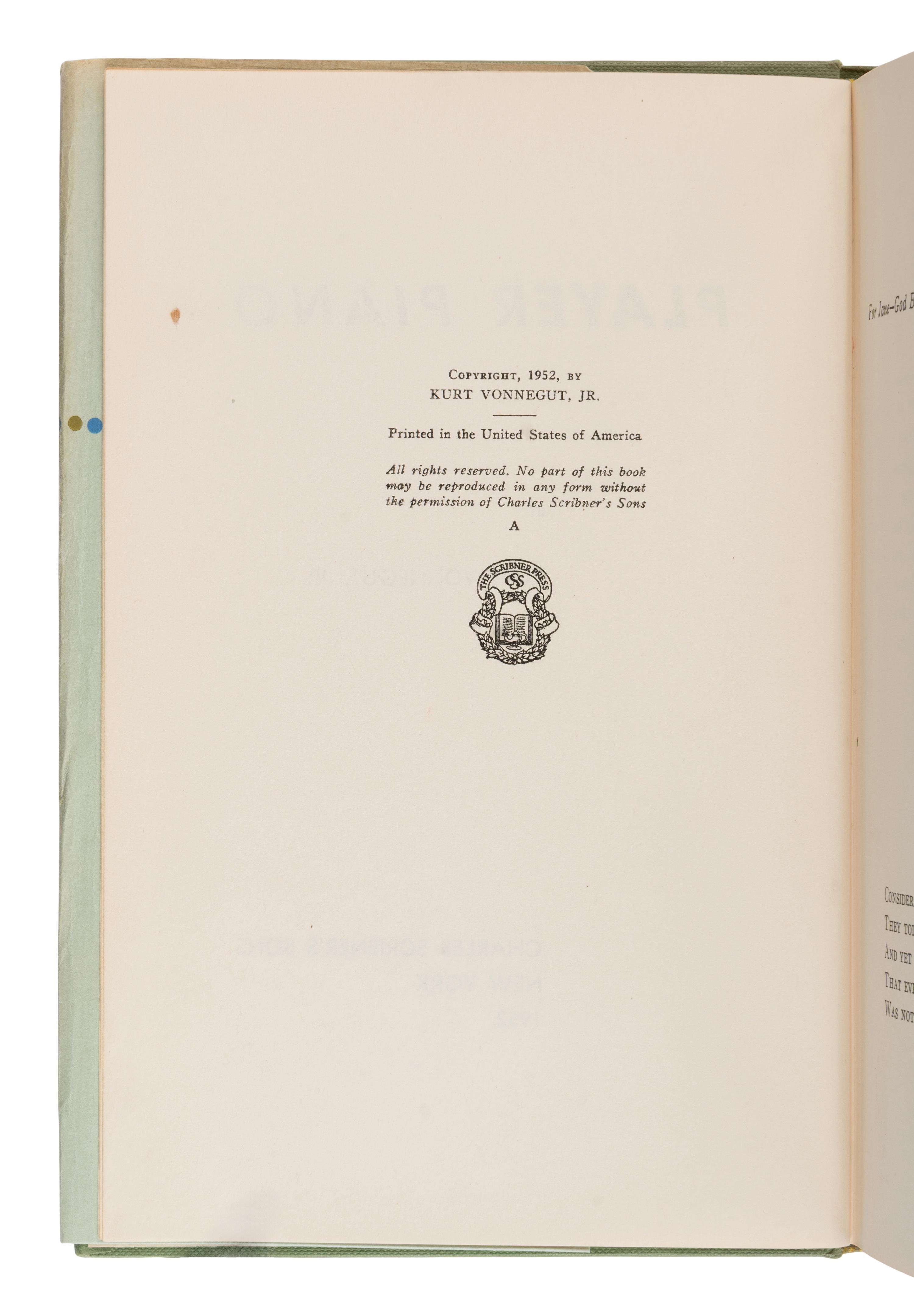 Vonnegut, Kurt (1922-2007). Player Piano . New York: Charles Scribner's Sons, 1952.