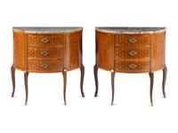 A Pair of Louis XV/XVI Transitional Style Parquetry Marble-Top Demilune Commodes