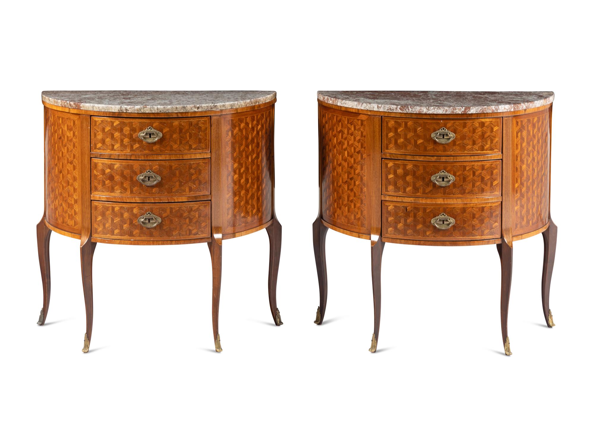 A Pair of Louis XV/XVI Transitional Style Parquetry Marble-Top Demilune Commodes