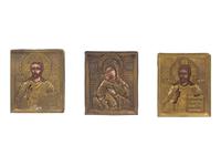 Nine Russian Brass Oklad Mounted Miniature Icons of Saints