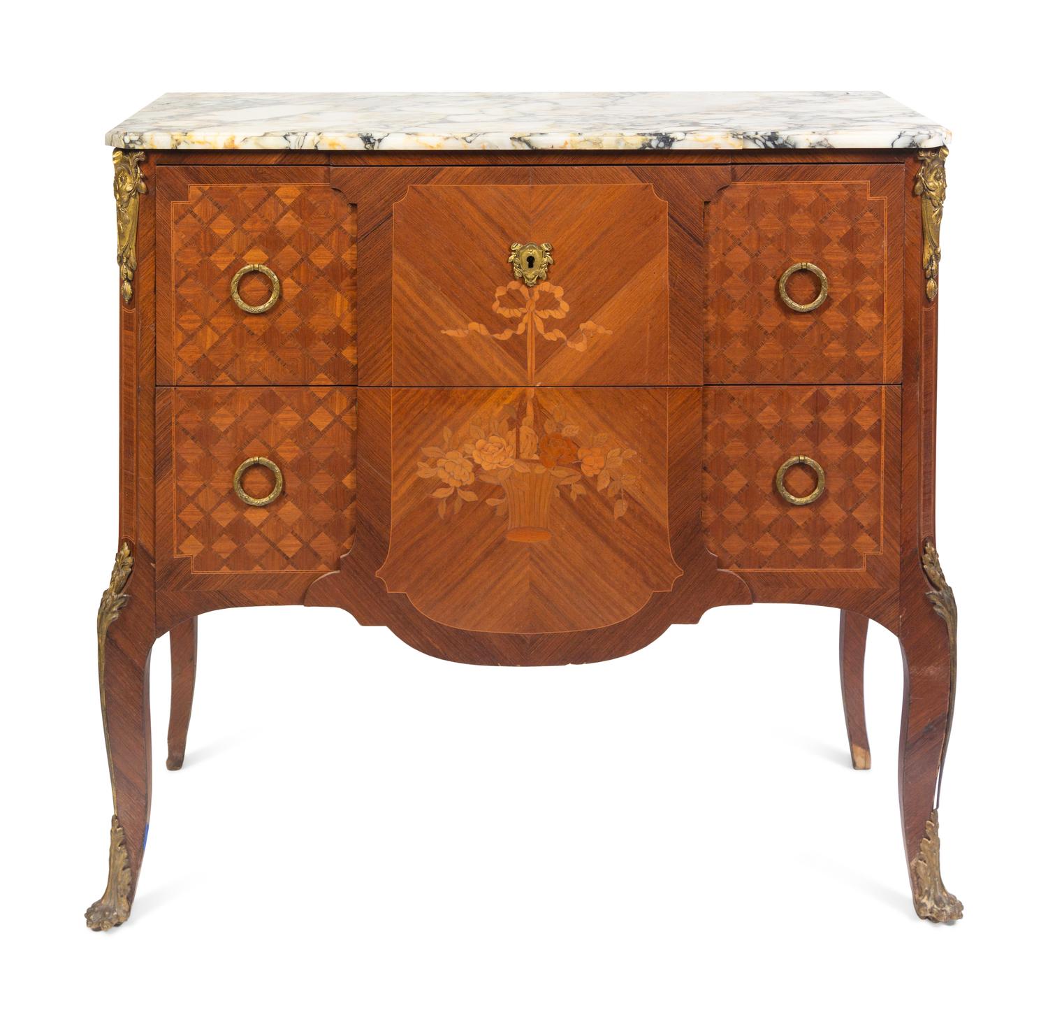 A Louis XV/XVI Transitional Style Marquetry Marble-Top Commode