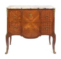 A Louis XV/XVI Transitional Style Marquetry Marble-Top Commode