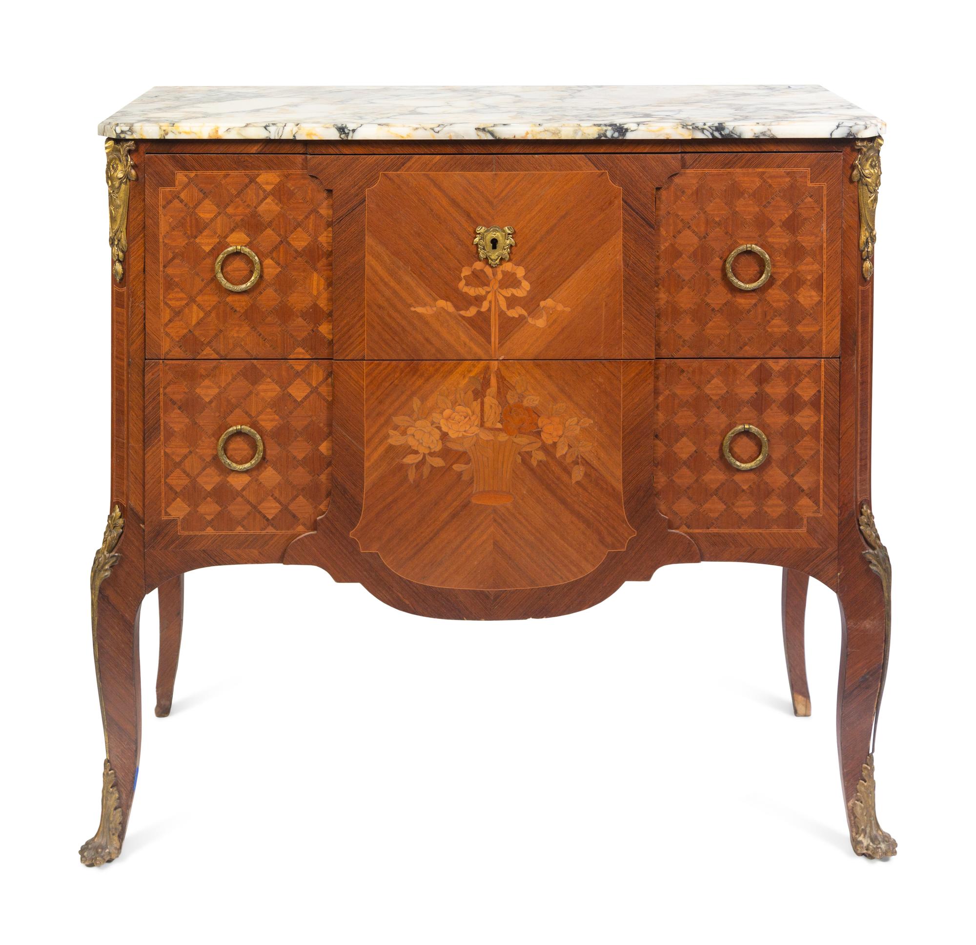 A Louis XV/XVI Transitional Style Marquetry Marble-Top Commode
